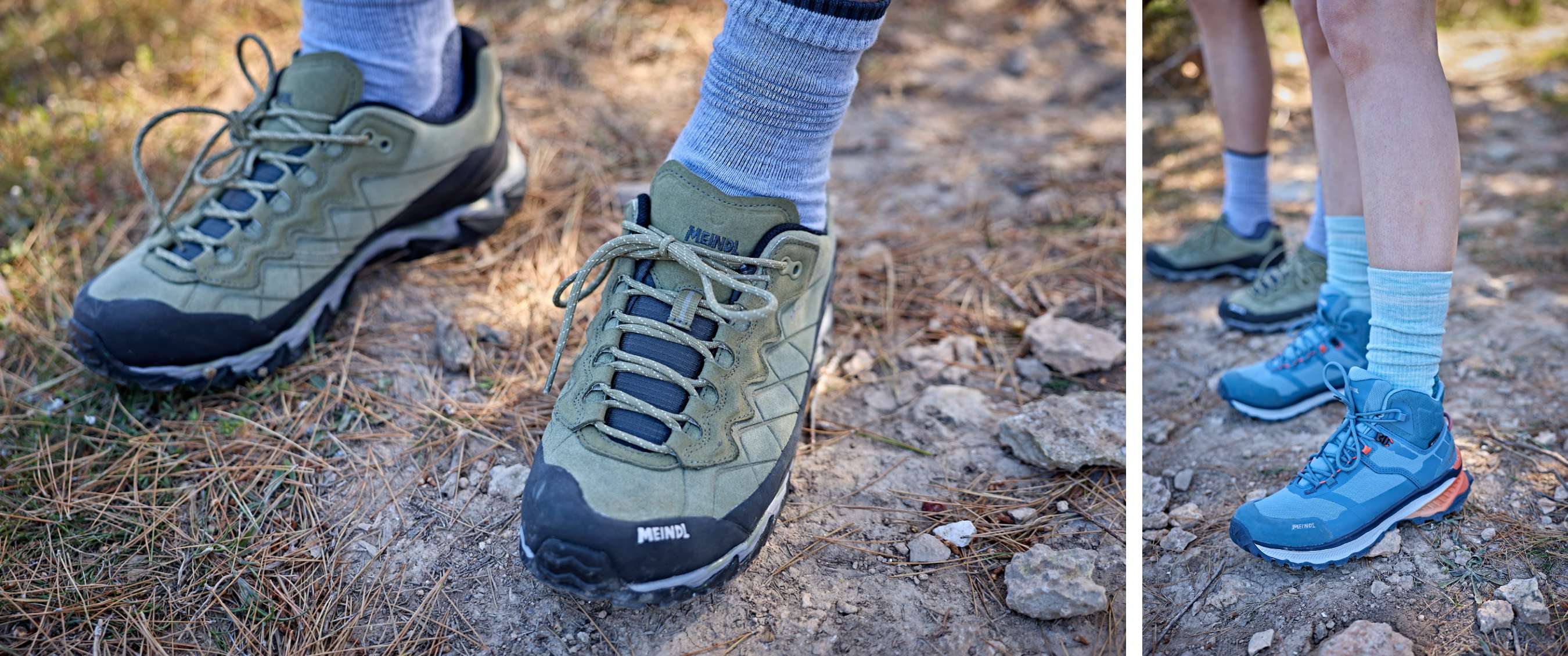 Des chaussures de randonnée vertes à pare-pierres noirs sur de la terre et des aiguilles de pin.
