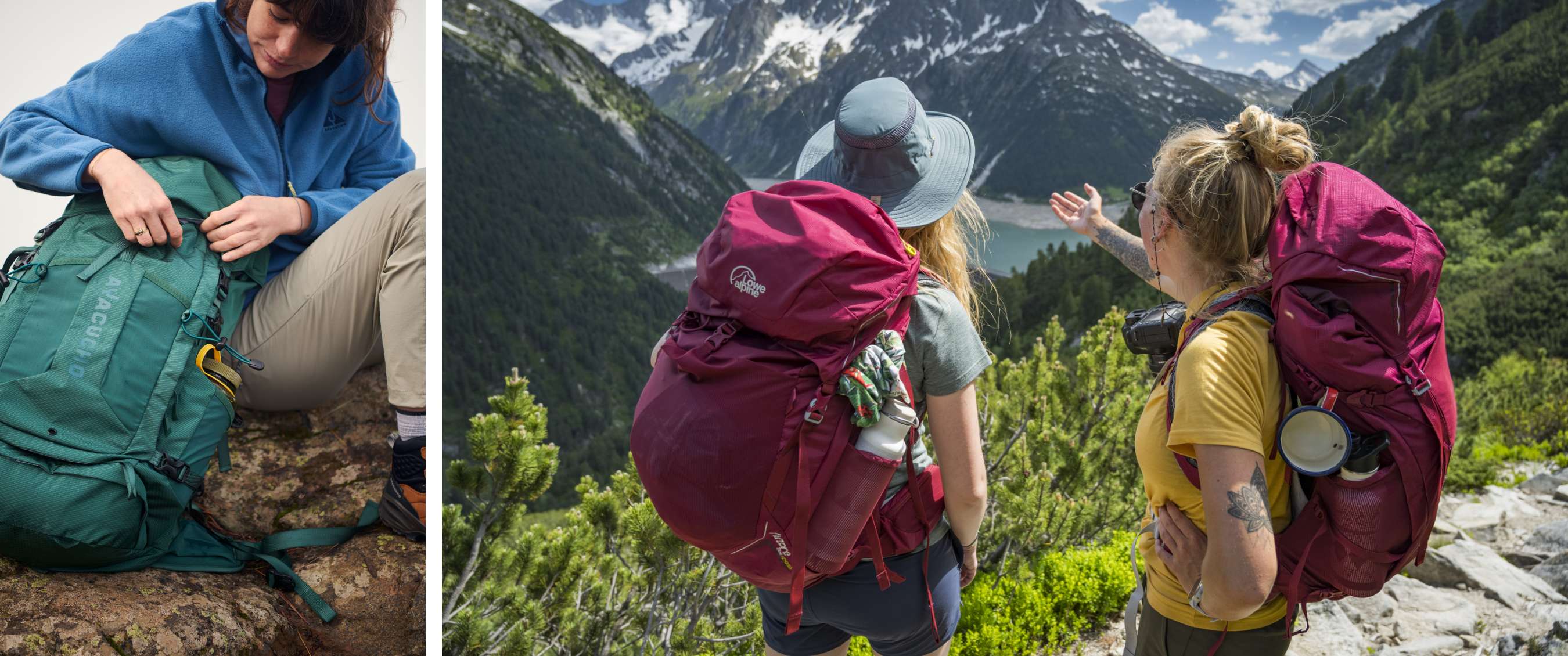 Deux randonneuses avec de grands sacs à dos admirent un lac de montagne et des sommets enneigés.