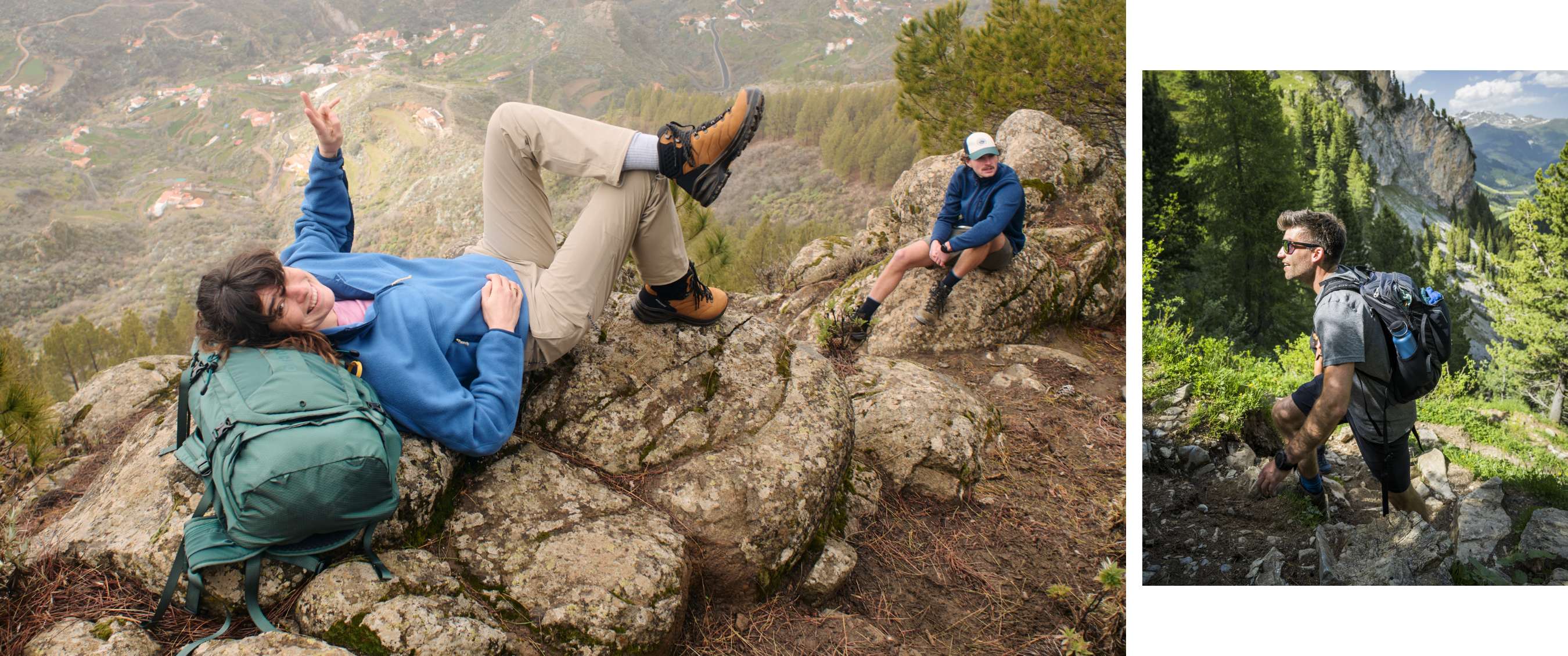 Deux randonneurs se reposent sur des rochers avec un sac vert et une vue sur une vallée montagneuse.