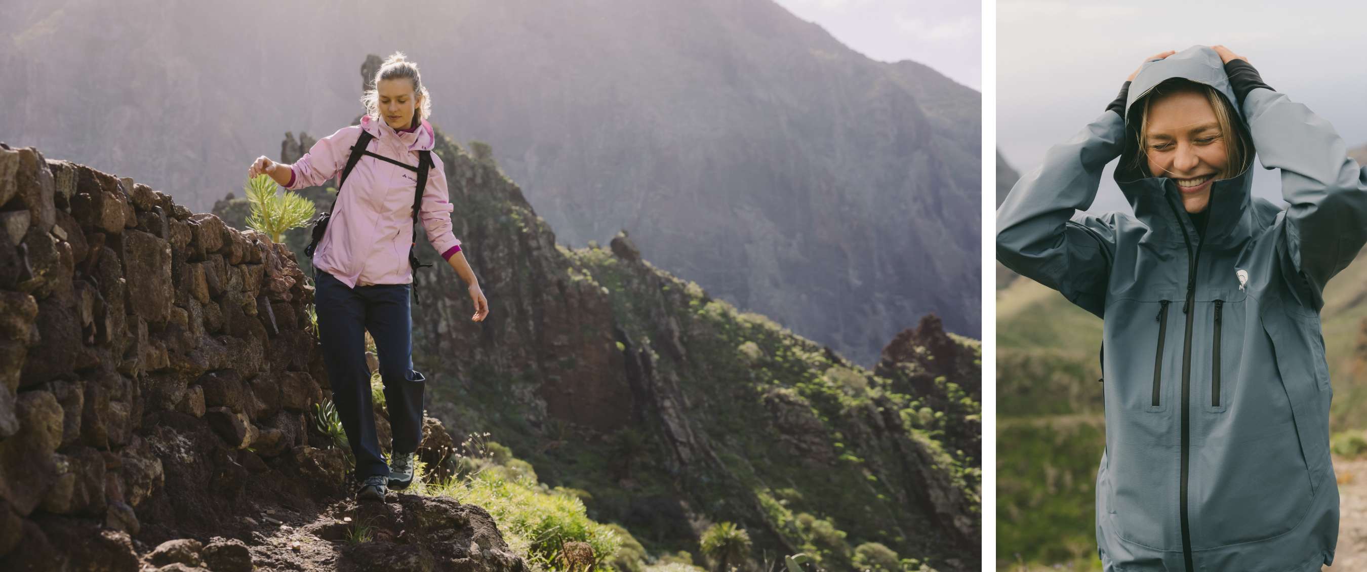 Twee beelden: mist trekt door een rotsachtig berglandschap; koe staat in een weide met bomen.