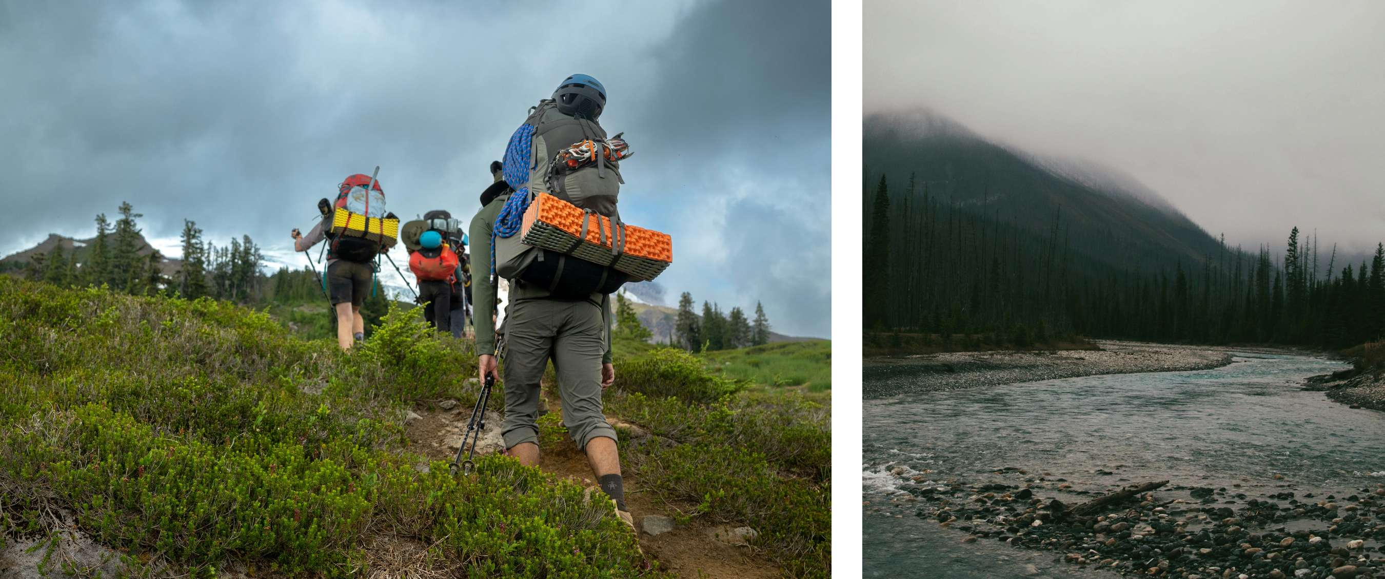 Deux images : randonneurs équipés de matériel de trekking sous un ciel menaçant ; une rivière calme traversant une vallée boisée sous une couverture nuageuse.
