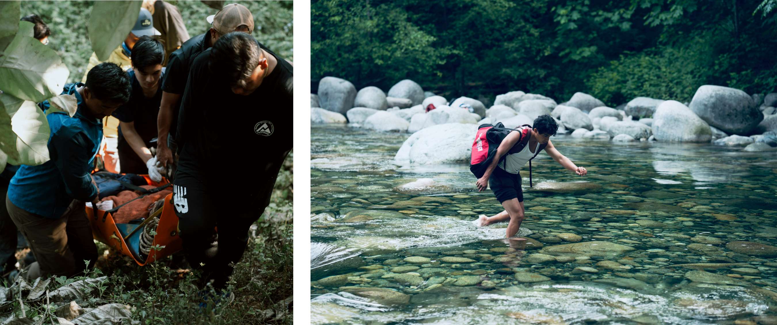 eux images : des sauveteurs collaborant autour d’une civière dans la végétation ; un voyageur marchant avec sac à dos dans une eau claire entre de gros rochers.