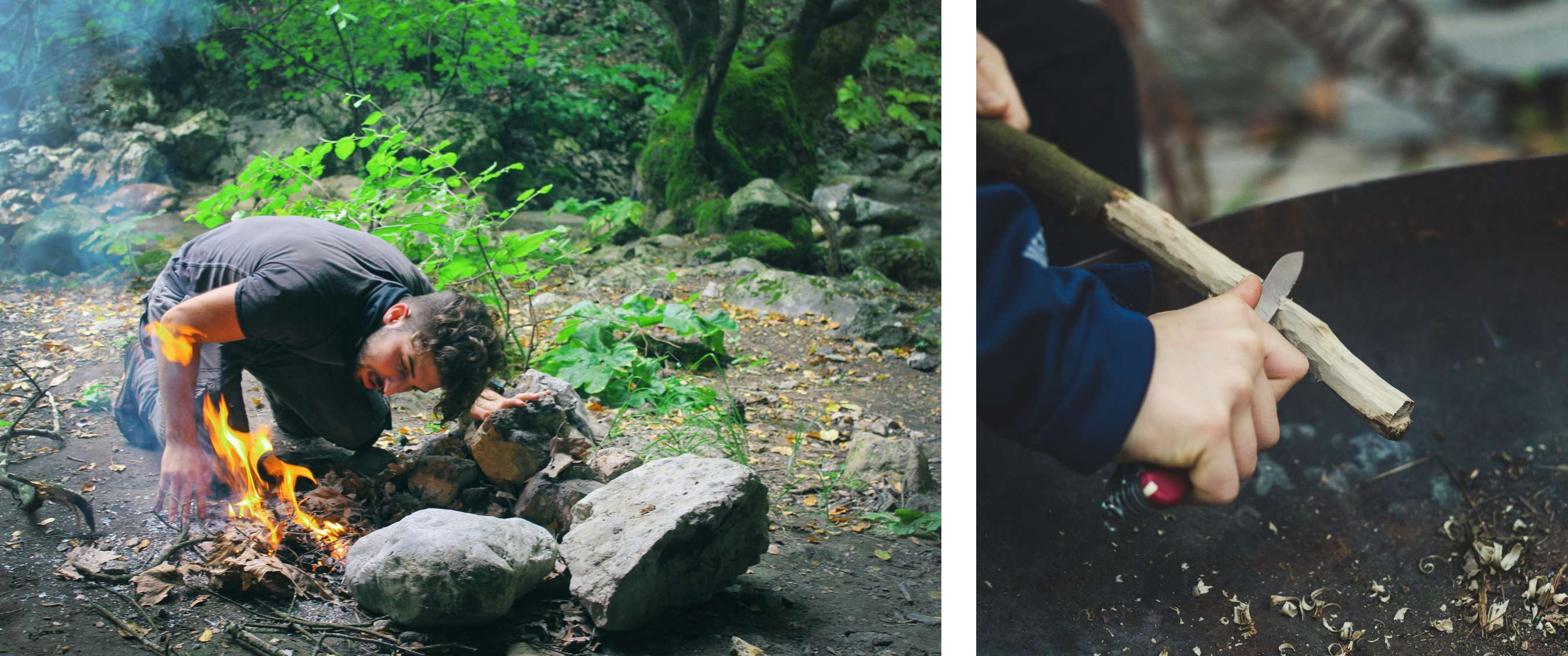 Deux images : un homme ravivant un feu de camp entouré de pierres dans une forêt ; gros plan sur des mains taillant un morceau de bois au couteau.