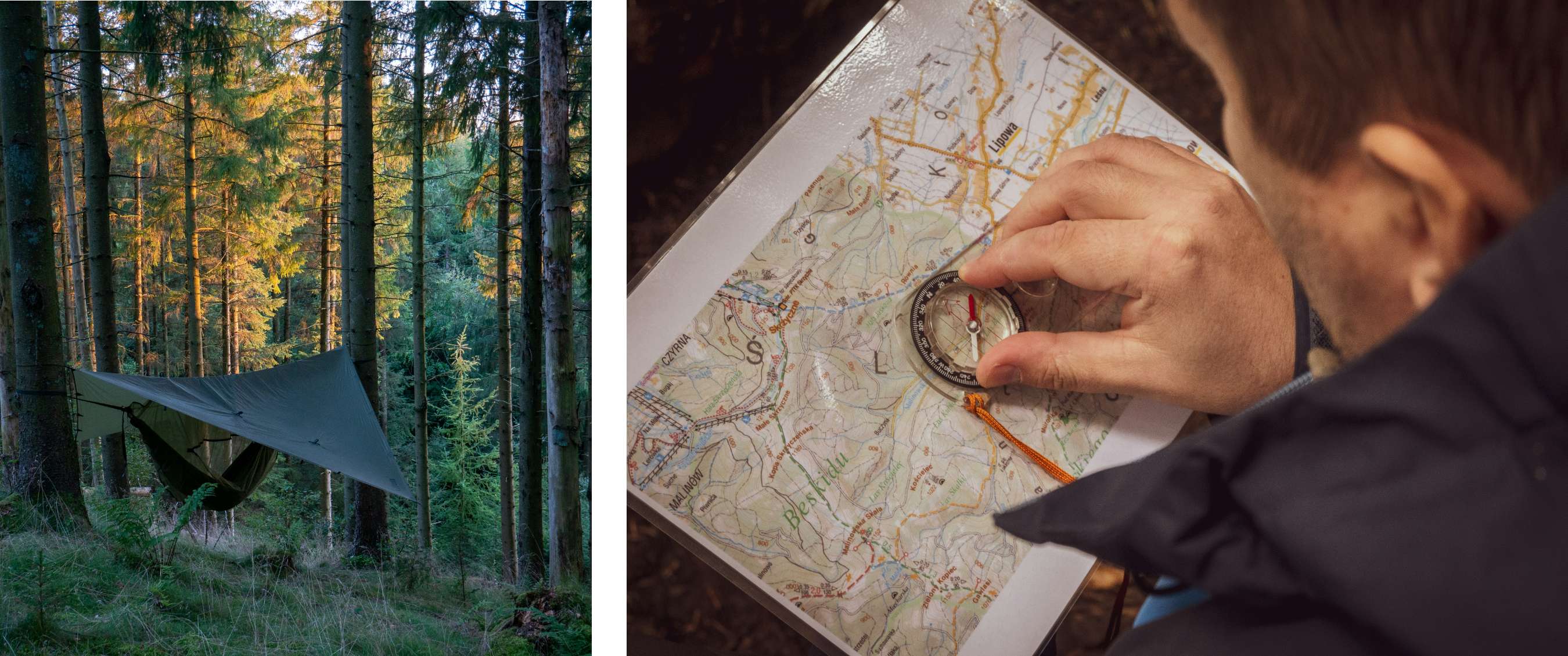 Deux images : installation de campement avec hamac et toile dans une forêt dense ; gros plan sur des mains utilisant carte et boussole.