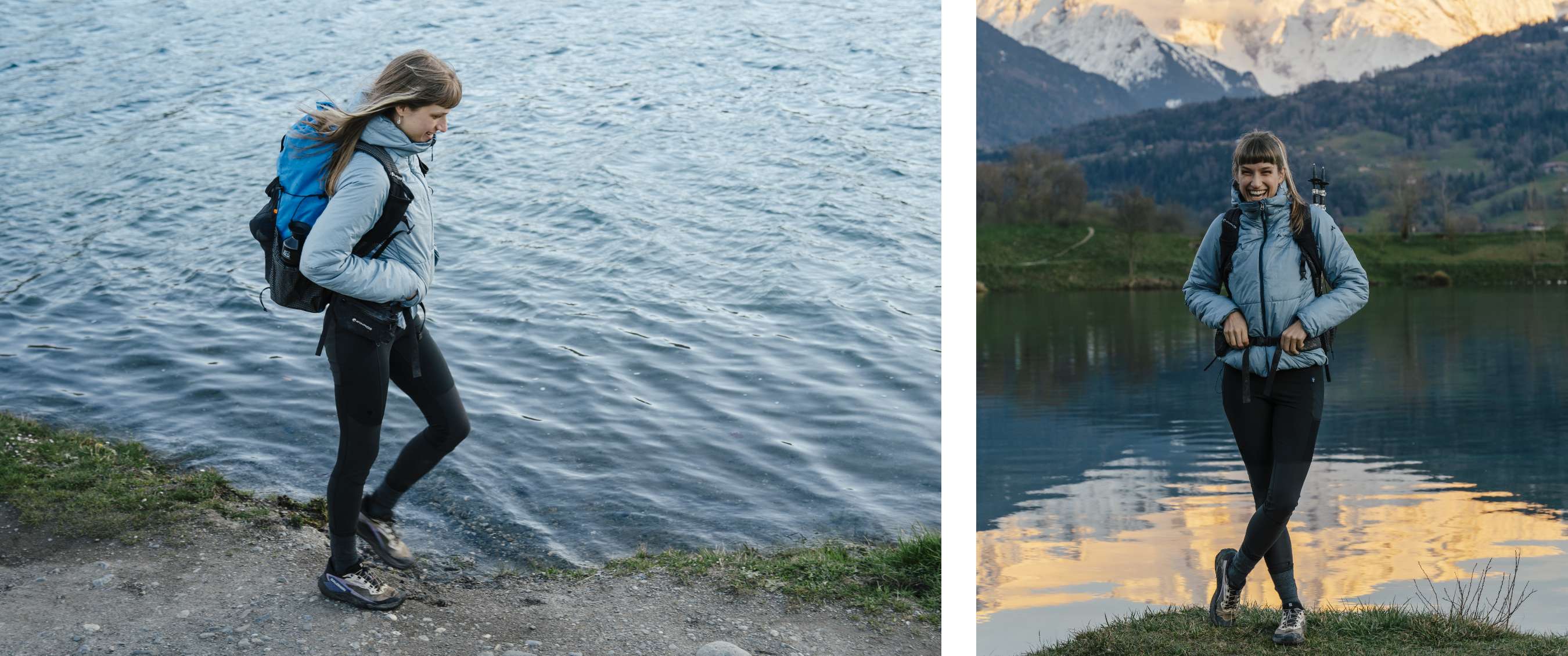 Deux images : randonneuse au bord d’un lac ; femme posant près de l’eau avec des montagnes enneigées derrière elle