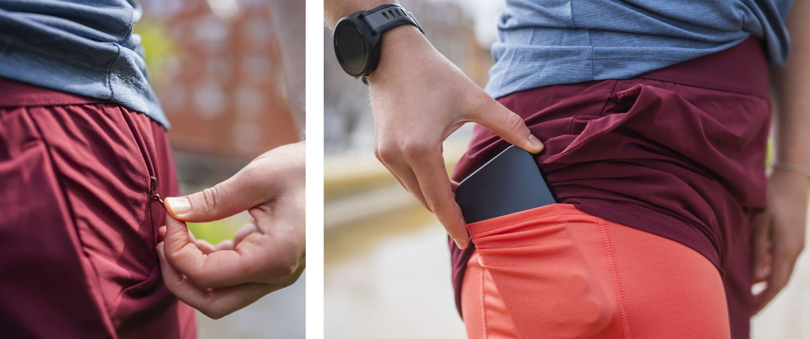 Deux images : main ouvrant une poche zippée d’un short de course ; main glissant un smartphone dans une poche.