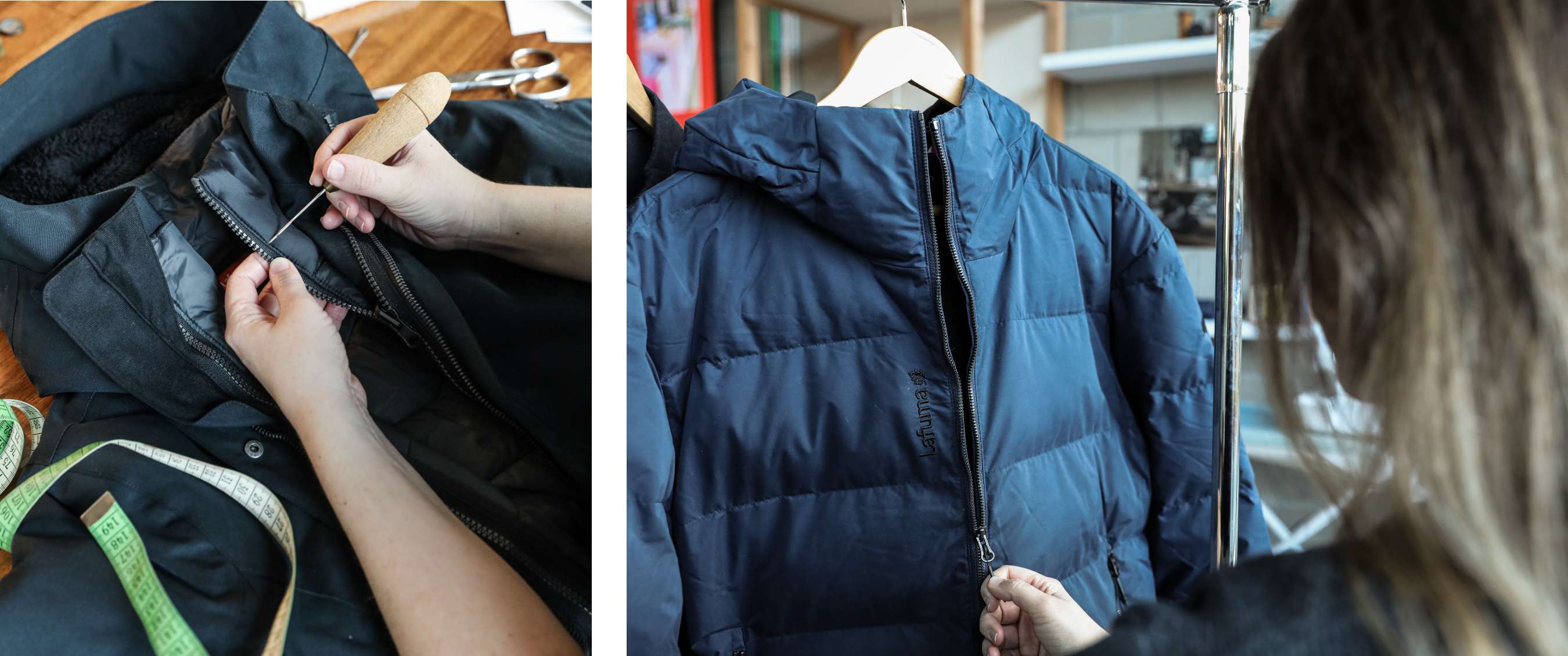 Deux images : gros plan d’un travail de réparation sur une fermeture éclair ; une doudoune bleue contrôlée sur un portant.