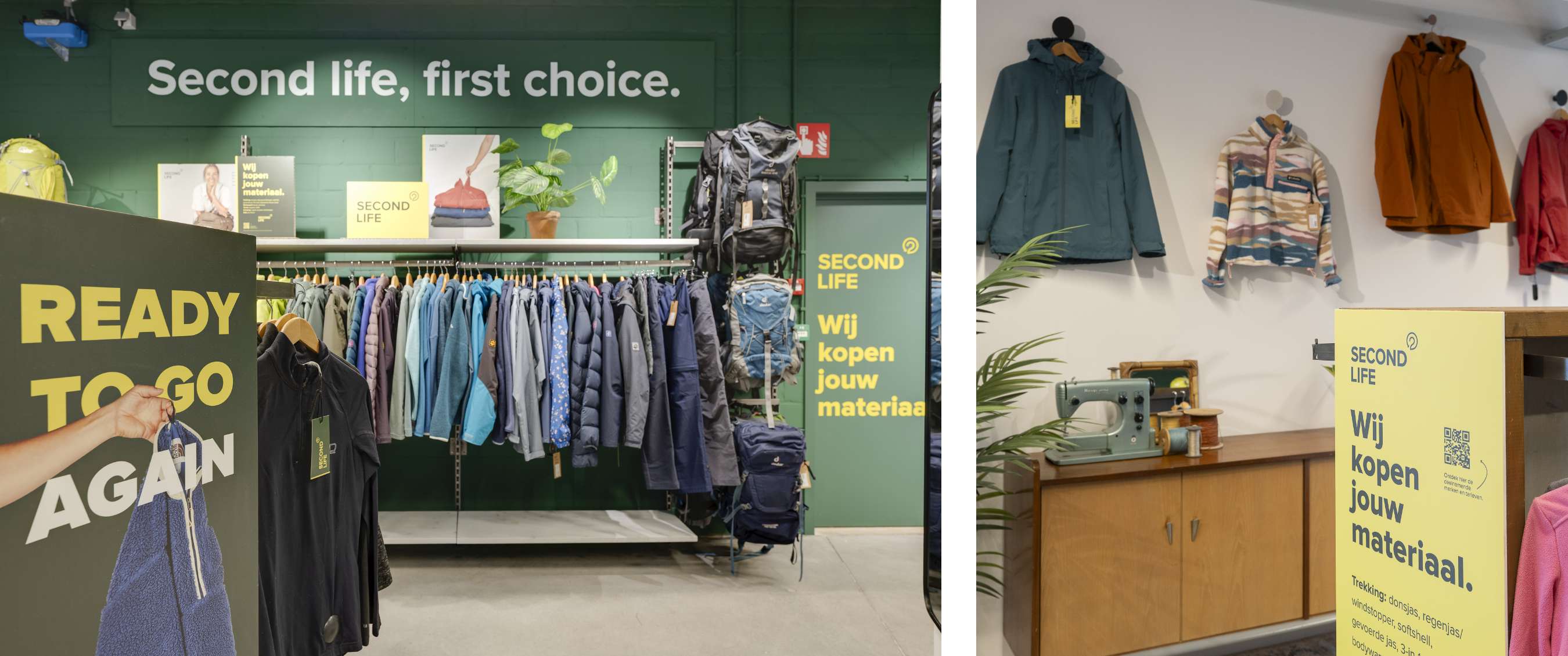 Deux images : portant de vêtements outdoor et sacs à dos dans un magasin avec mur vert et textes visibles, à côté d’une présentation murale de vestes et d’une machine à coudre sur un meuble