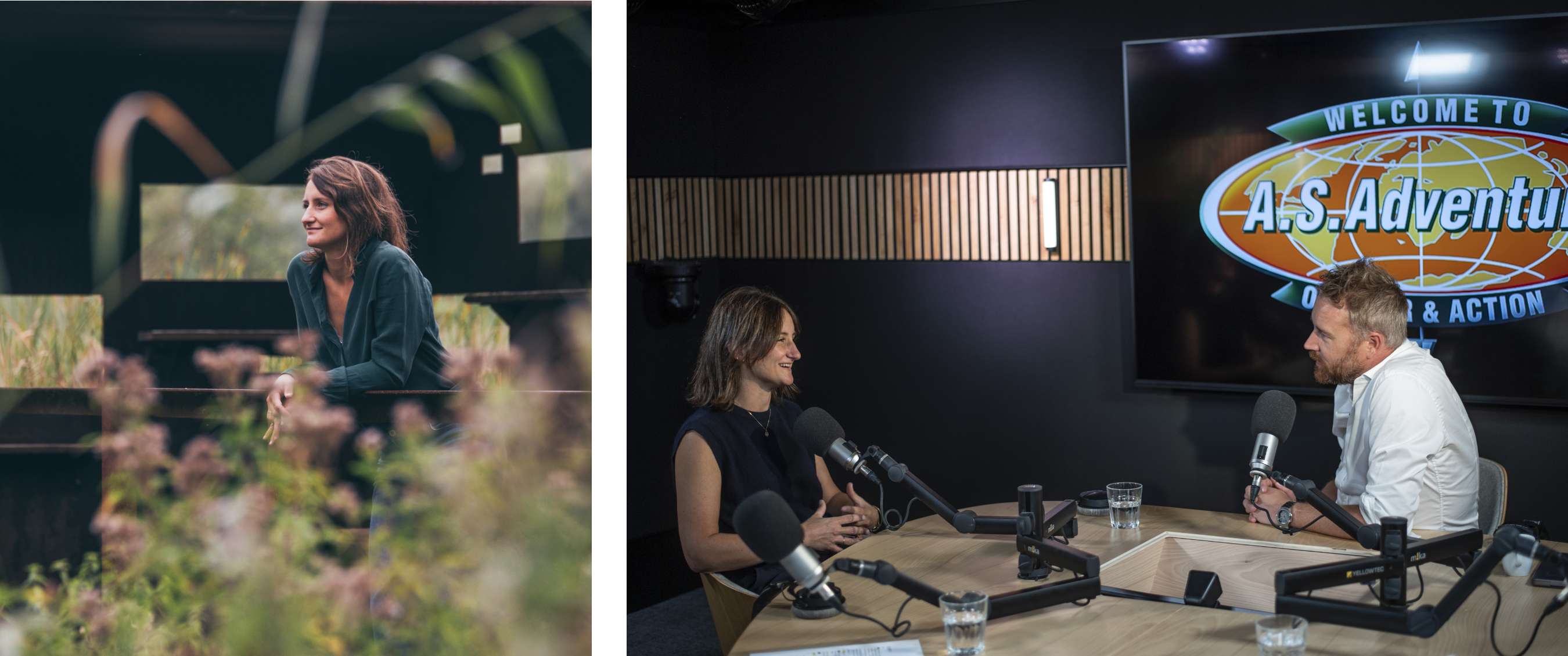 Deux images : femme regardant sur le côté assise sur un siège en bois dans un cadre naturel, à côté d’un enregistrement d’interview à table avec microphones et logo A.S.Adventure en arrière-plan