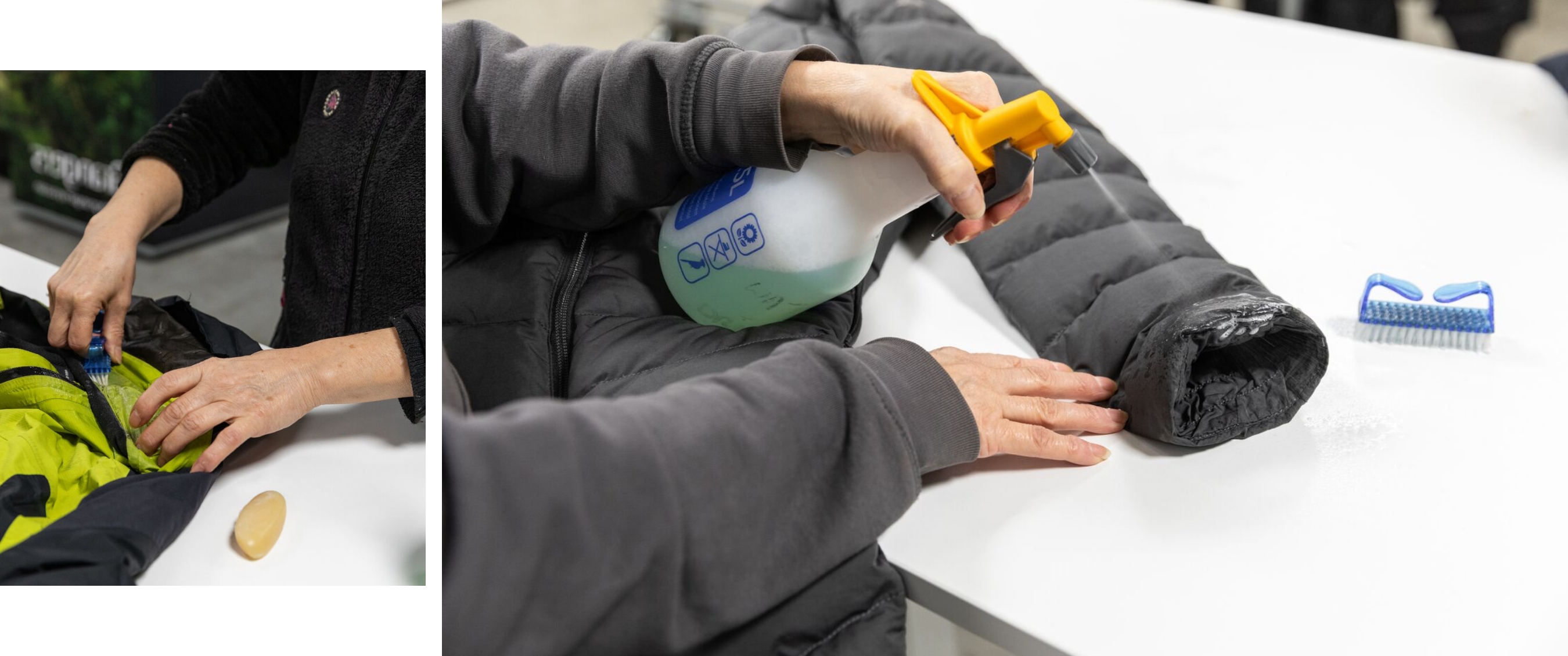 Twee beelden: mist trekt door een rotsachtig berglandschap; koe staat in een weide met bomen.