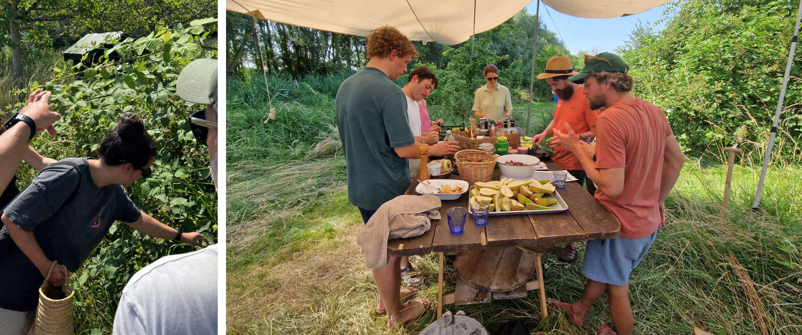 Des personnes préparent ensemble des aliments sur une table en bois dans un cadre verdoyant.