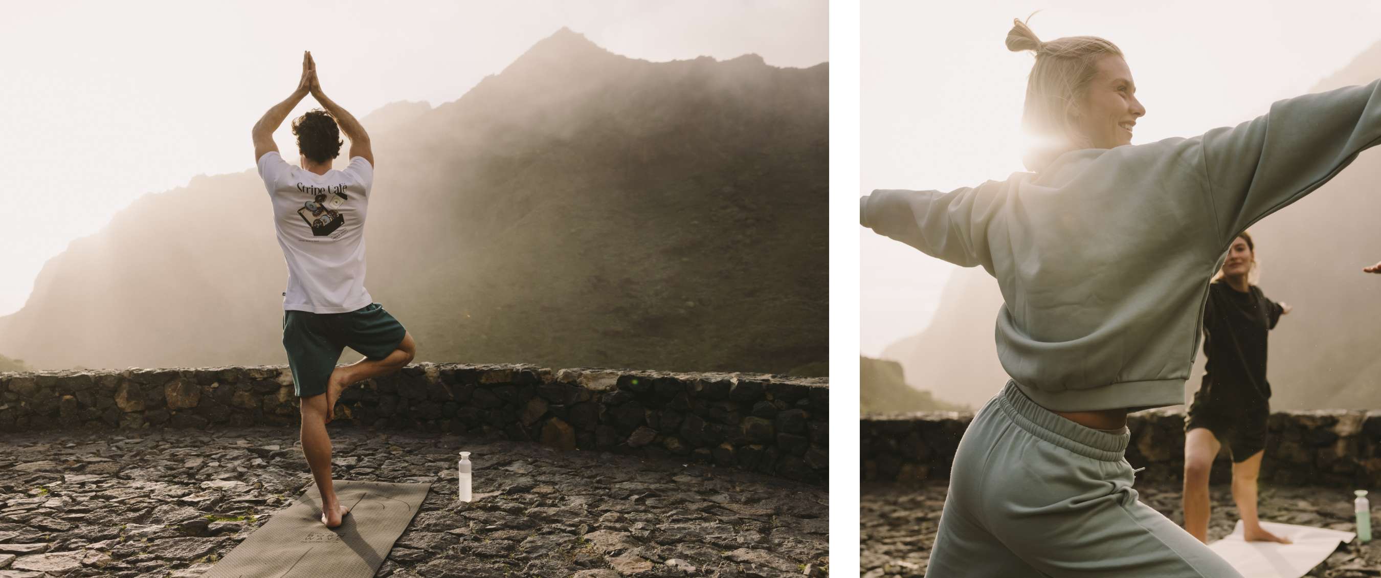 Deux images : homme en posture de l’arbre sur un tapis avec les montagnes en arrière-plan ; femme étendant les bras pendant du yoga en extérieur.