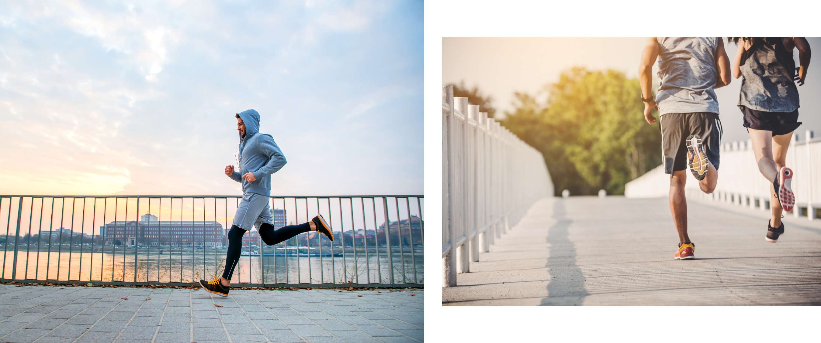 Deux images : Homme courant près de l’eau au coucher du soleil ; couple courant sur un pont en soirée.