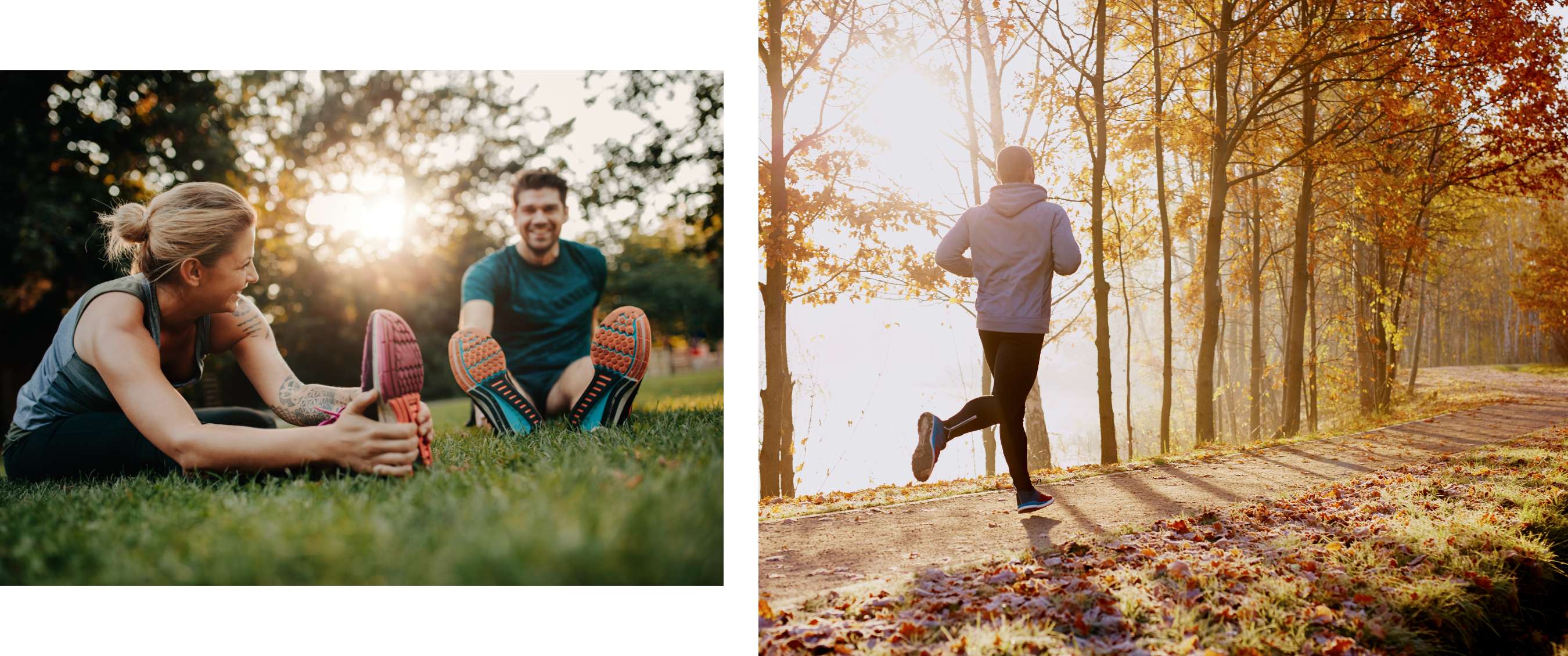 Deux images : Femme et homme s’étirant sur l’herbe ; personne courant sur un chemin forestier en automne.