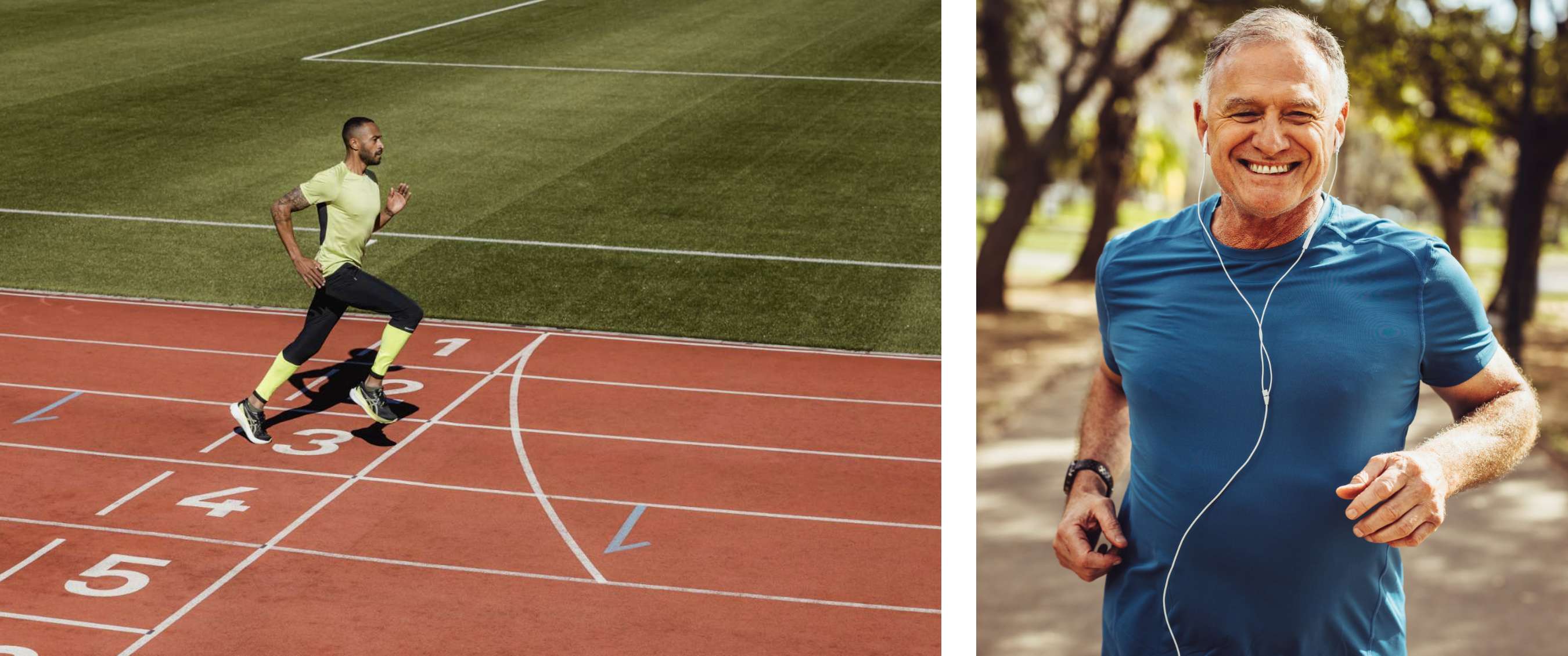Deux images : Homme sprintant sur piste avec marquages ; homme plus âgé courant dans un parc avec écouteurs.