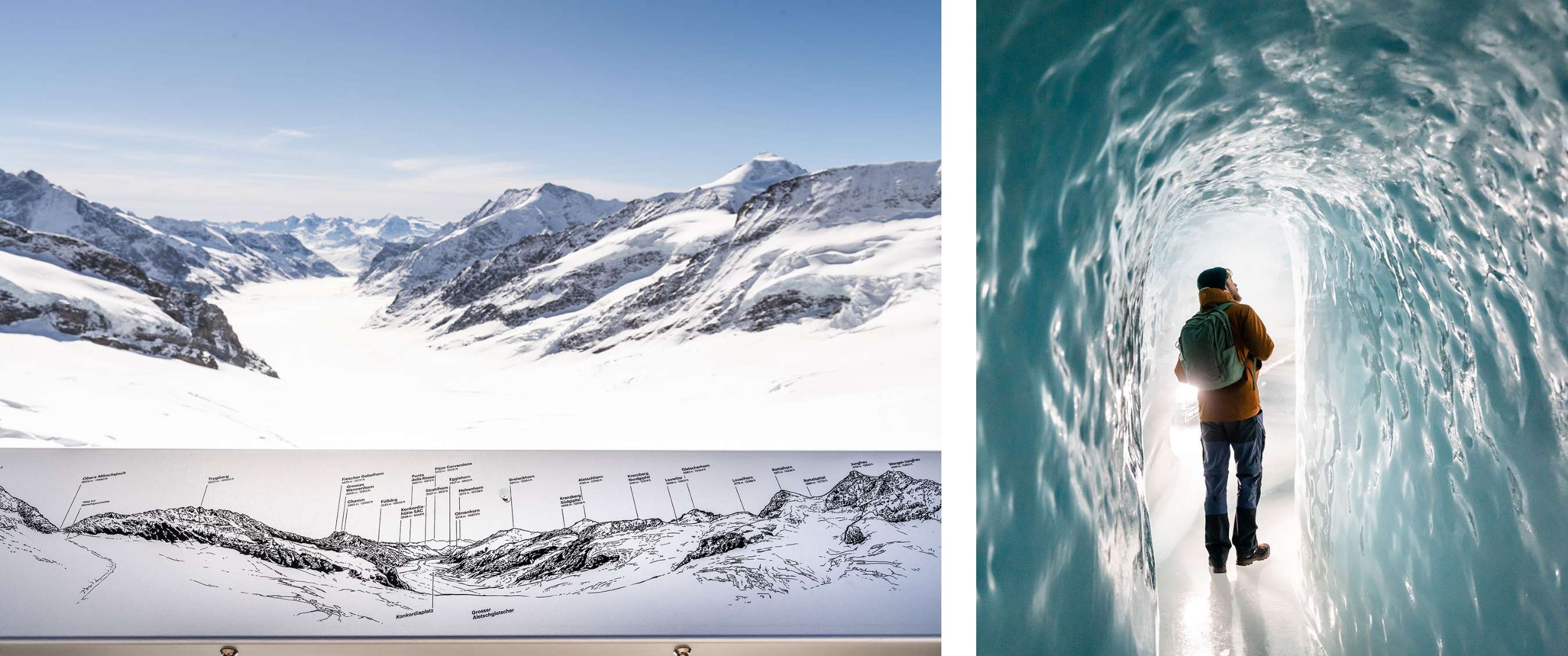 Deux images : Panorama du glacier d’Aletsch et visiteur dans un tunnel de glace avec sac à dos.