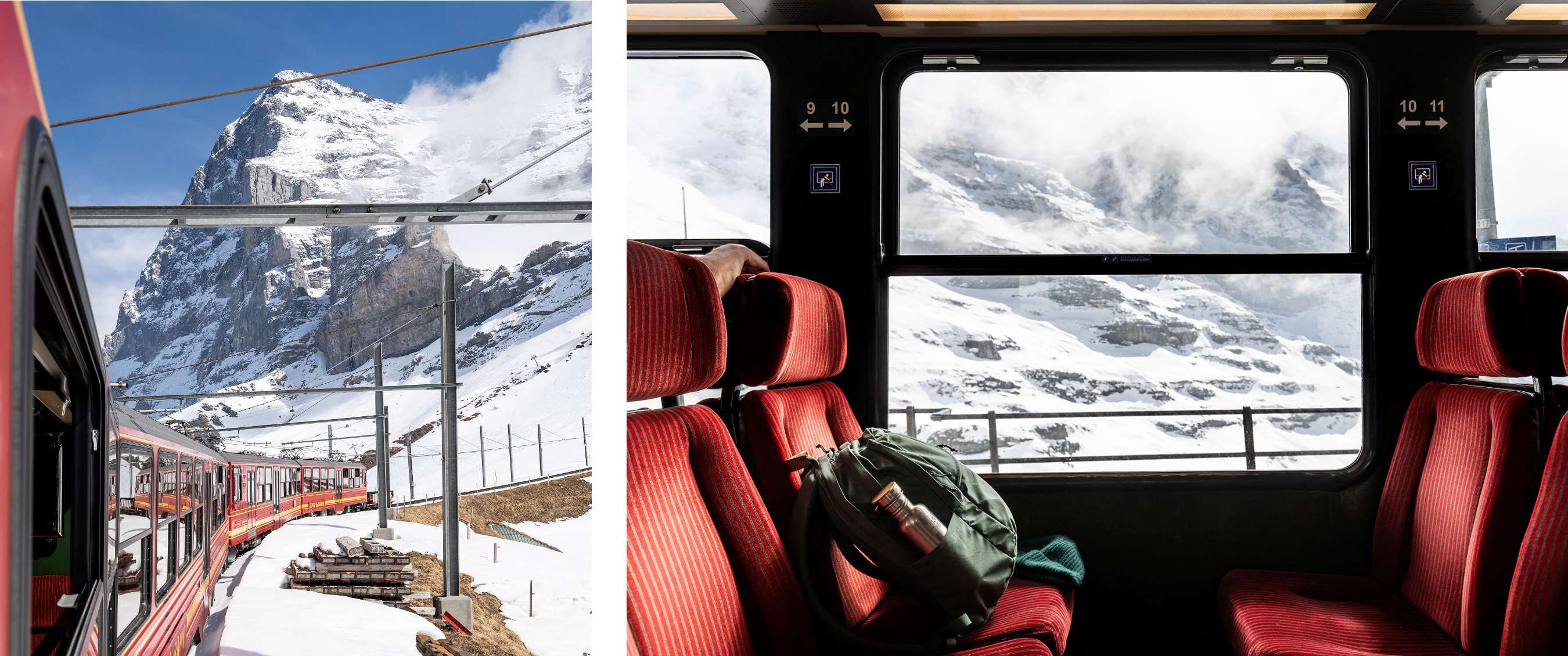 Deux images : Un train rouge de montagne traverse un paysage suisse enneigé devant un sommet escarpé. À l’intérieur, un sac à dos repose sur les sièges rouges face à la vue enneigée.