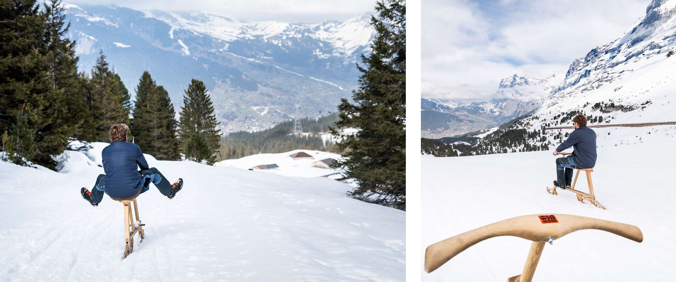 Deux images : Une personne descend une piste enneigée sur une luge en bois avec des sapins en arrière-plan. Sur la seconde image, elle contemple la vallée et les sommets enneigés.