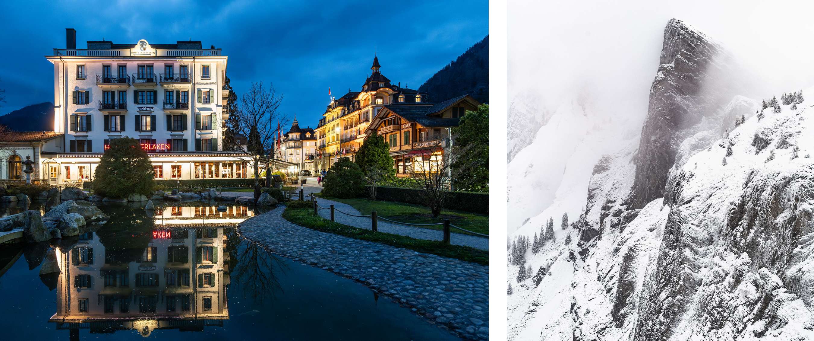 Deux images : Hôtels illuminés se reflétant dans un étang à Interlaken au crépuscule. À côté, un sommet enneigé enveloppé de brouillard.