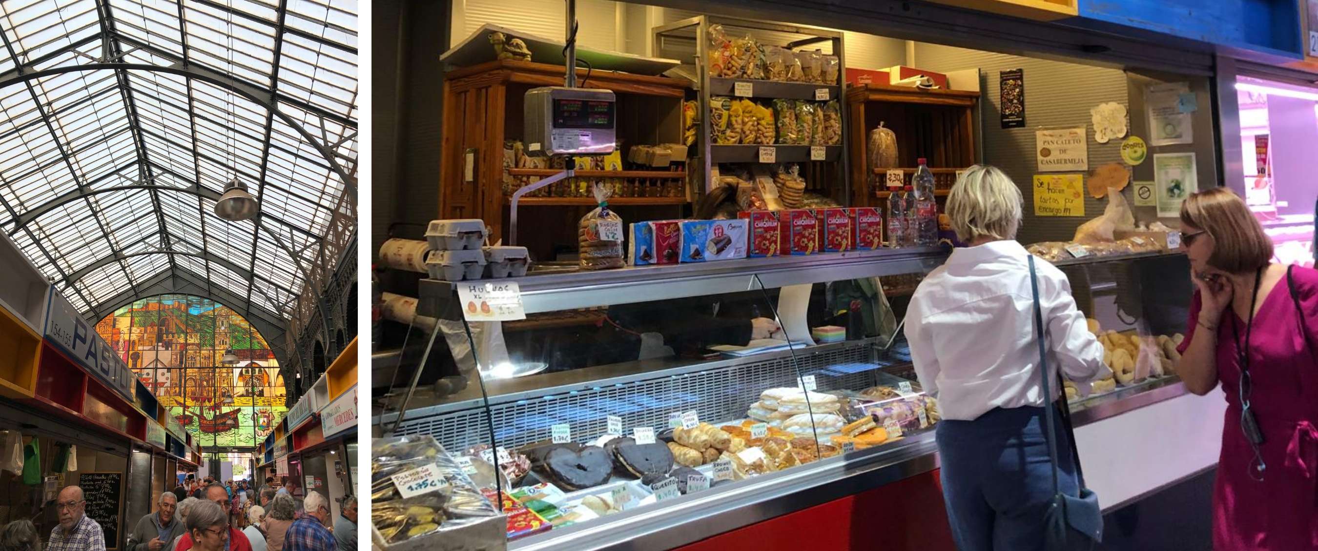 Deux images : marché couvert au toit vitré ; stand « Panadería y Confitería Ntra. Sra. del Socorro ».