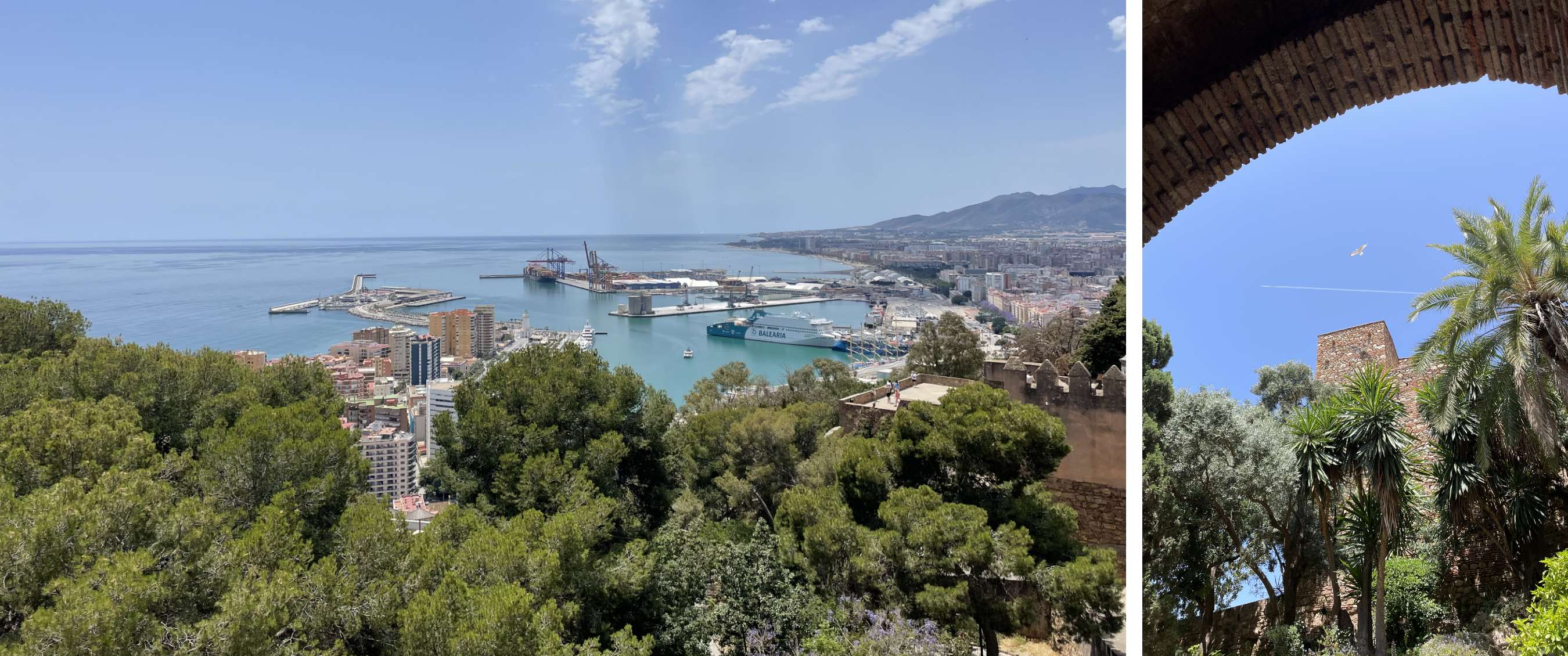 Deux images : vue sur le port et la côte de Málaga ; palmiers près d’un ancien rempart.