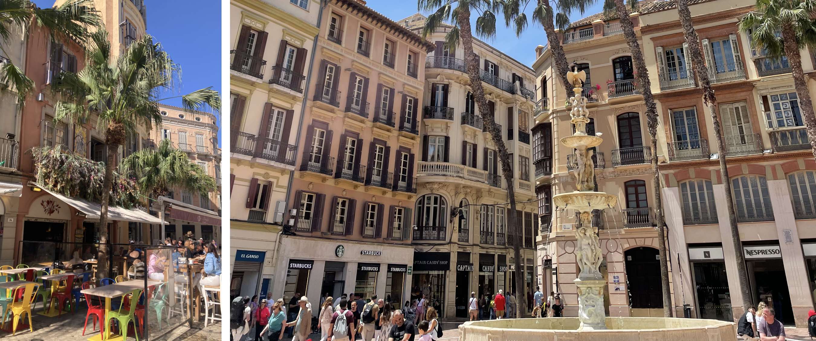 Deux images : terrasse dans une rue bordée de palmiers ; place avec fontaine et commerces.