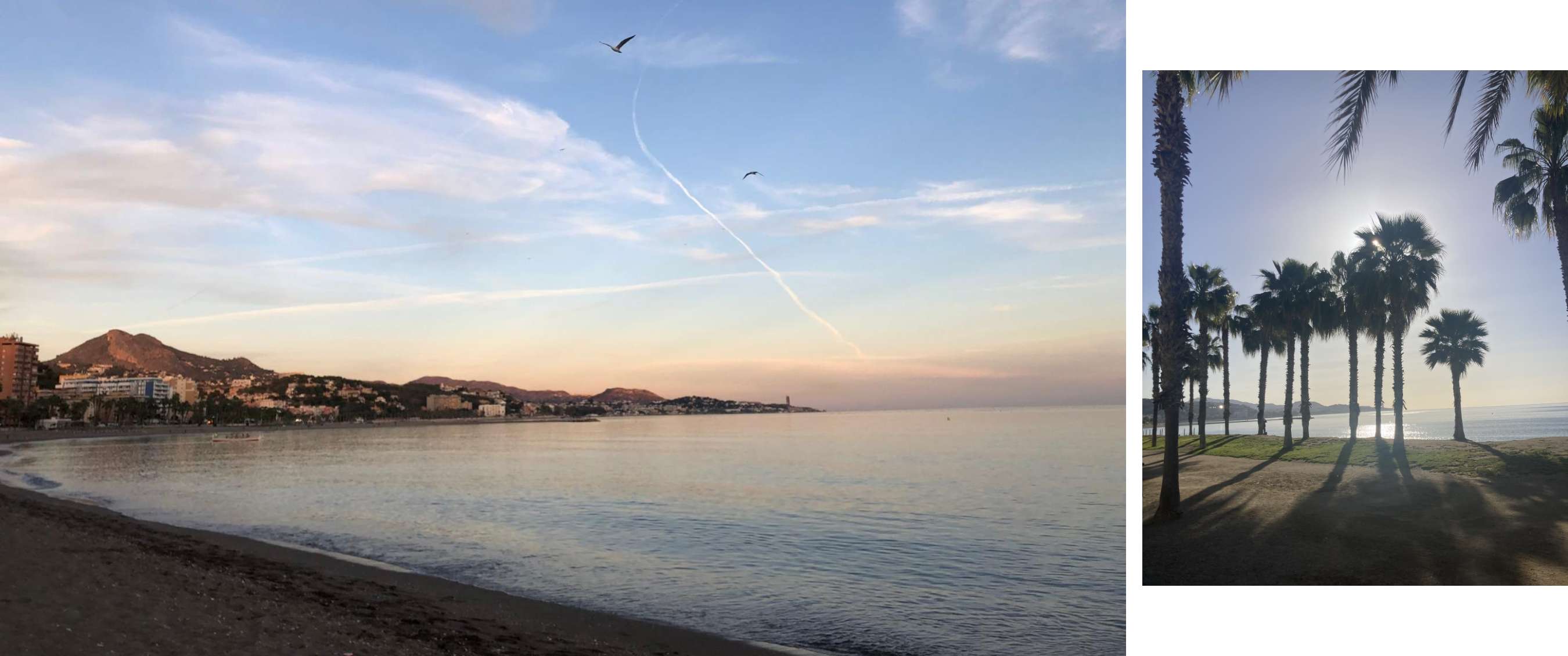 Deux images : plage urbaine ensoleillée et fréquentée ; plage vide avec montagnes au crépuscule.