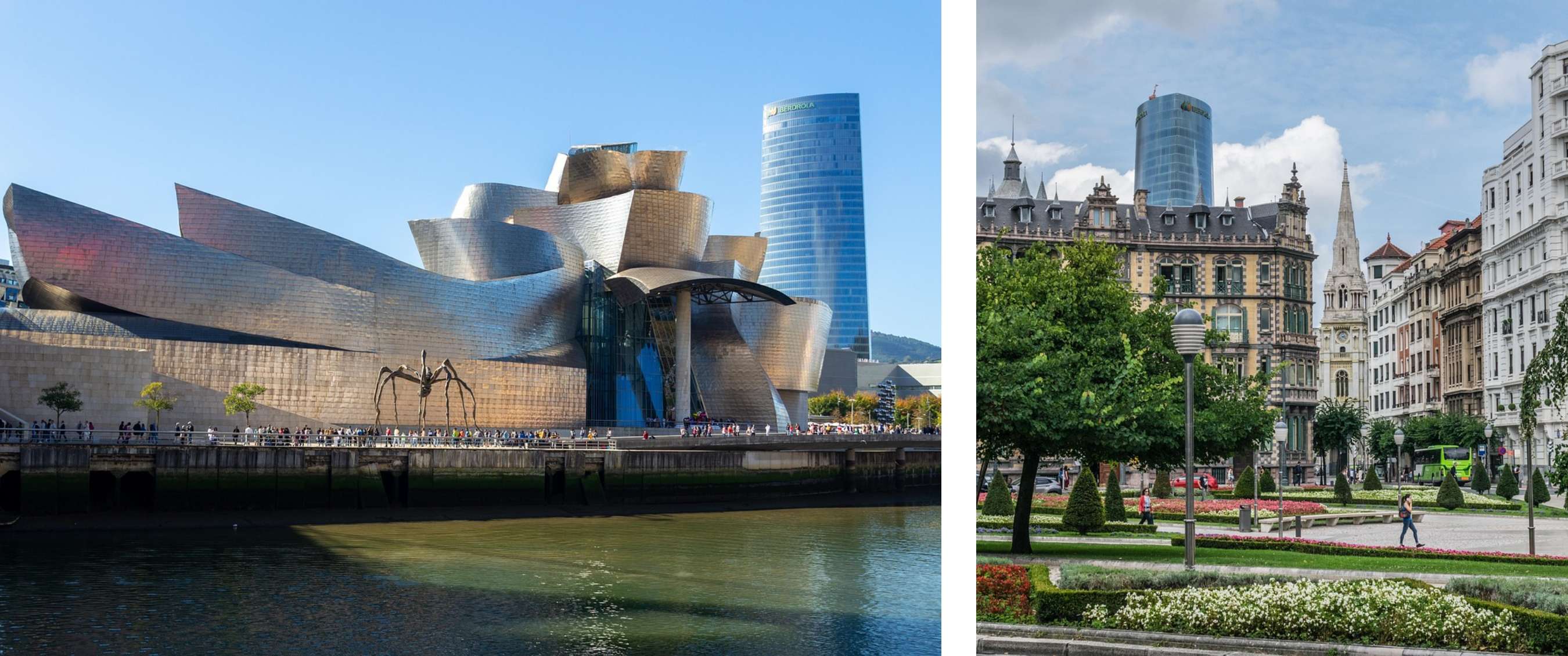 Deux images : le bâtiment muséal métallique au bord de la rivière et un parc urbain avec façades historiques.