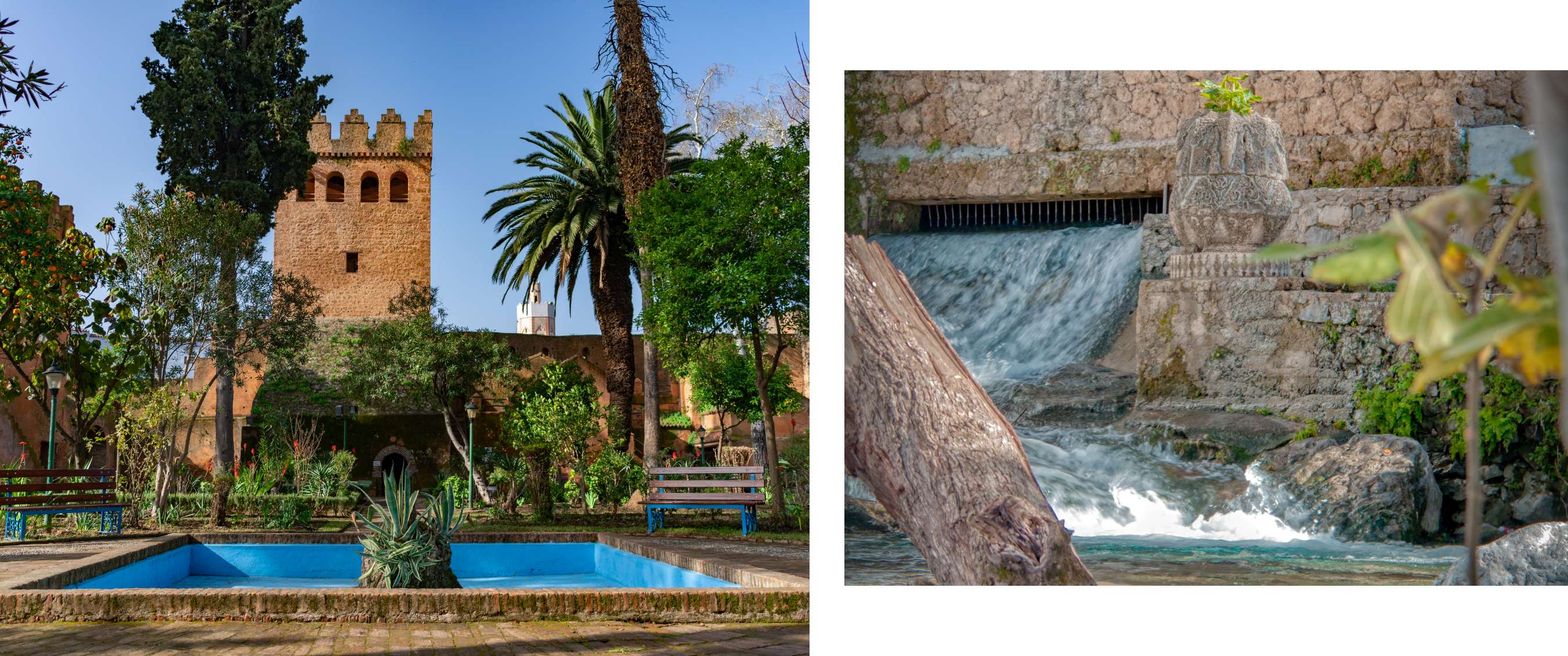 Deux images : éléments historiques du jardin et une chute d’eau descendant des rochers.