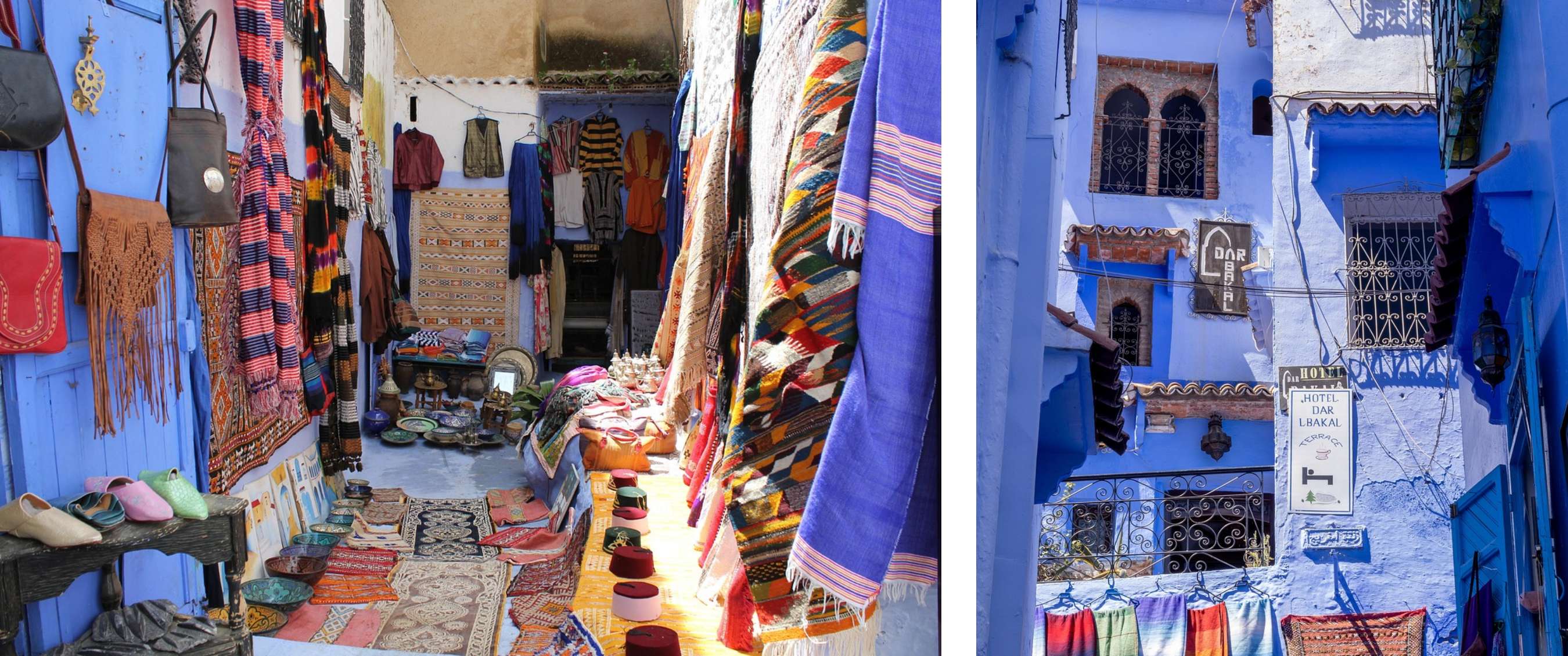 Deux images : tapis, sacs et céramiques dans une allée bleue et un bâtiment vif avec balcons.