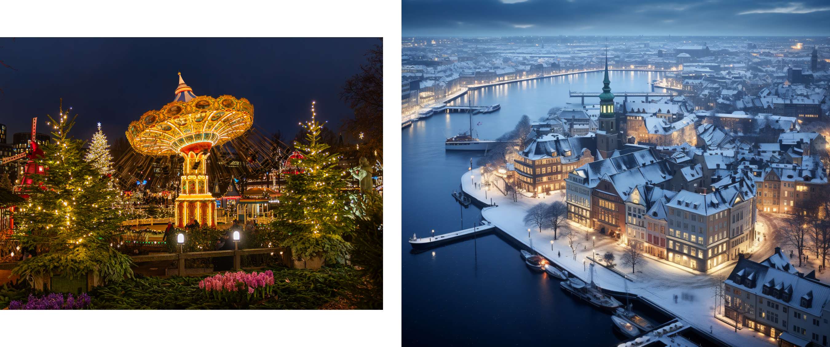 Deux images : manège lumineux parmi des sapins et un panorama hivernal avec port calme.