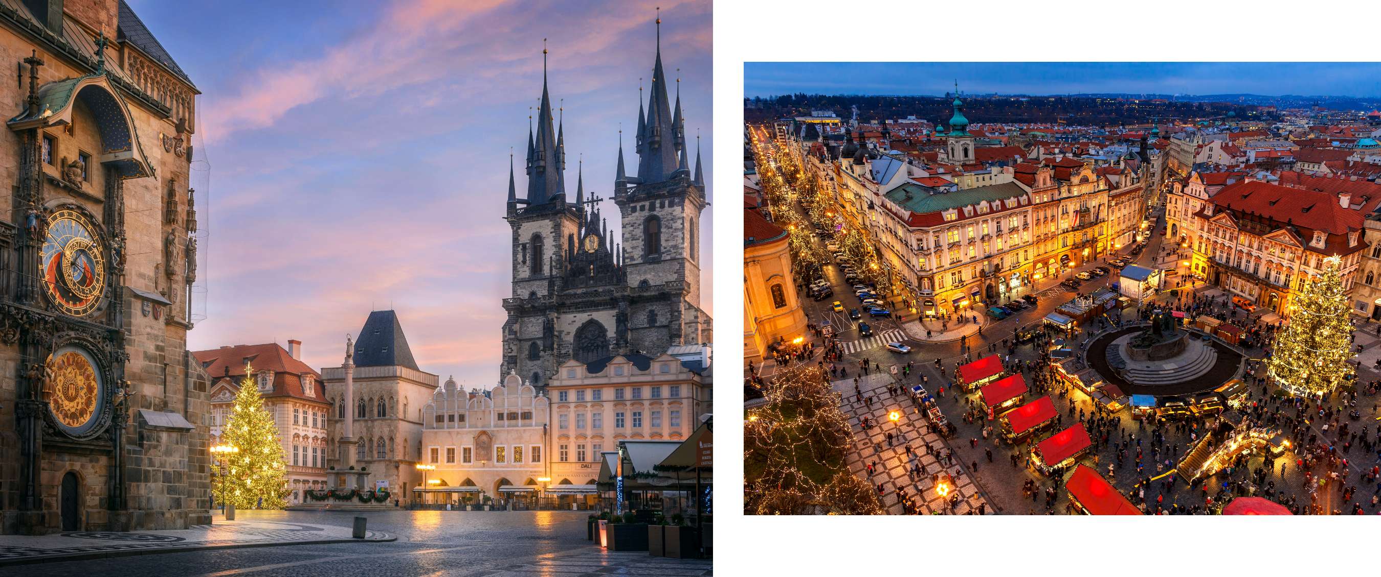 Deux images : une place historique avec horloge astronomique au coucher du soleil et une place de Noël illuminée vue d’en haut.