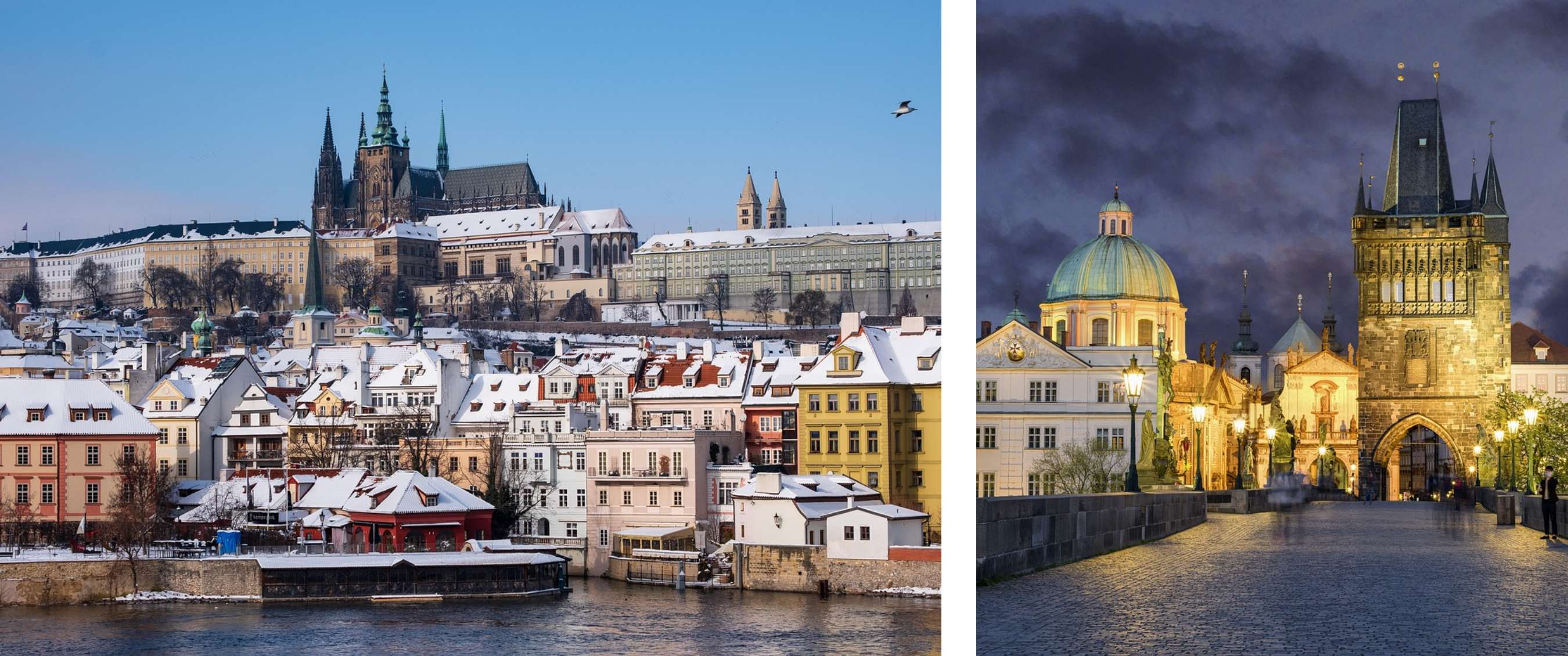 Deux images : un quartier enneigé avec complexe du château et un pont illuminé le soir.