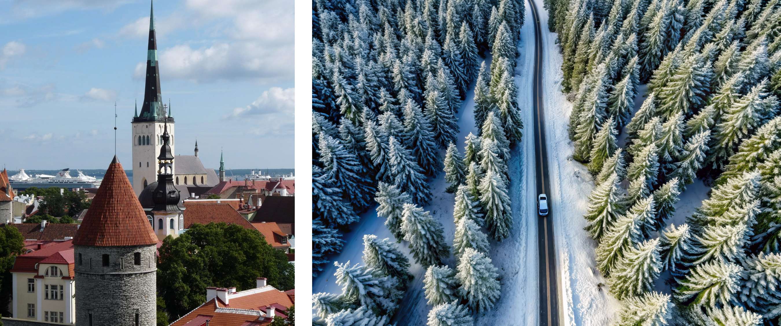 Deux images : une skyline avec tours et toits rouges et une route hivernale traversant une forêt enneigée.