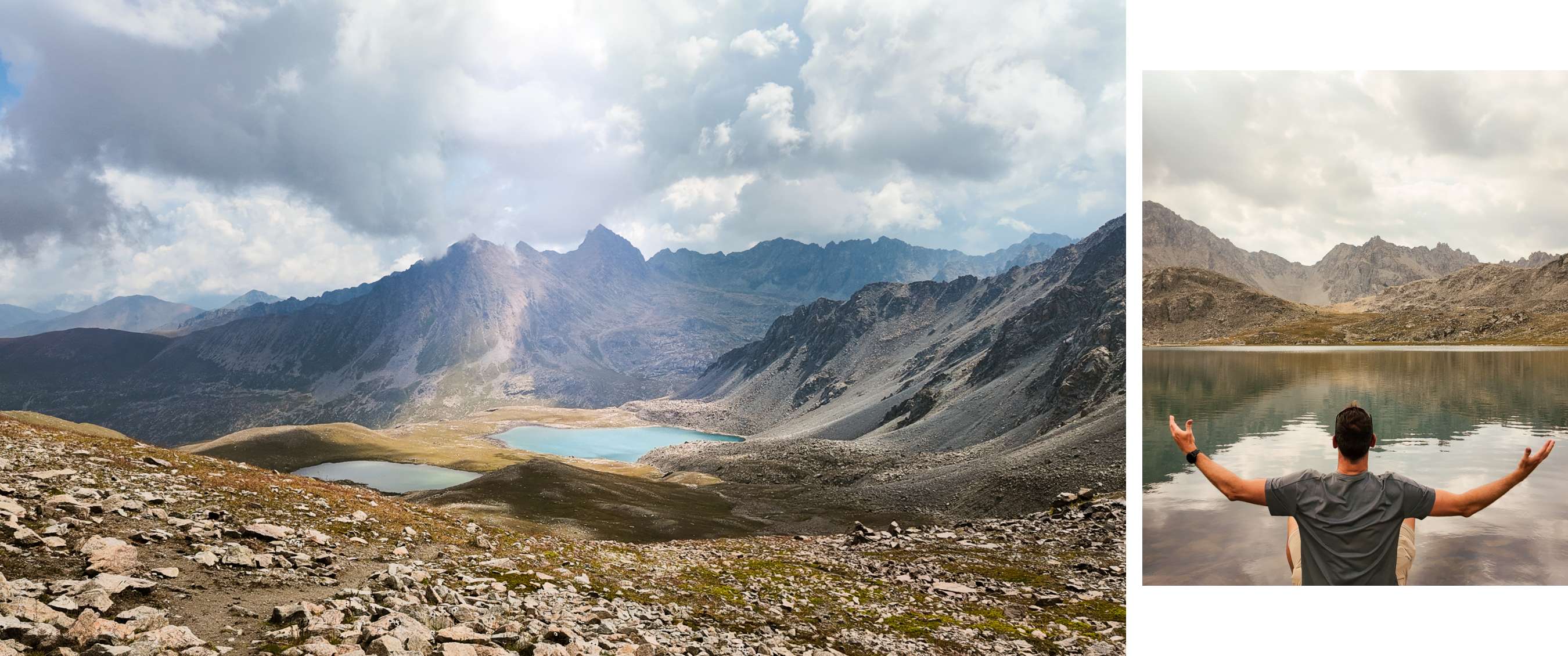 Deux images : paysage de montagne avec lacs ; personne assise bras ouverts près d’un lac.