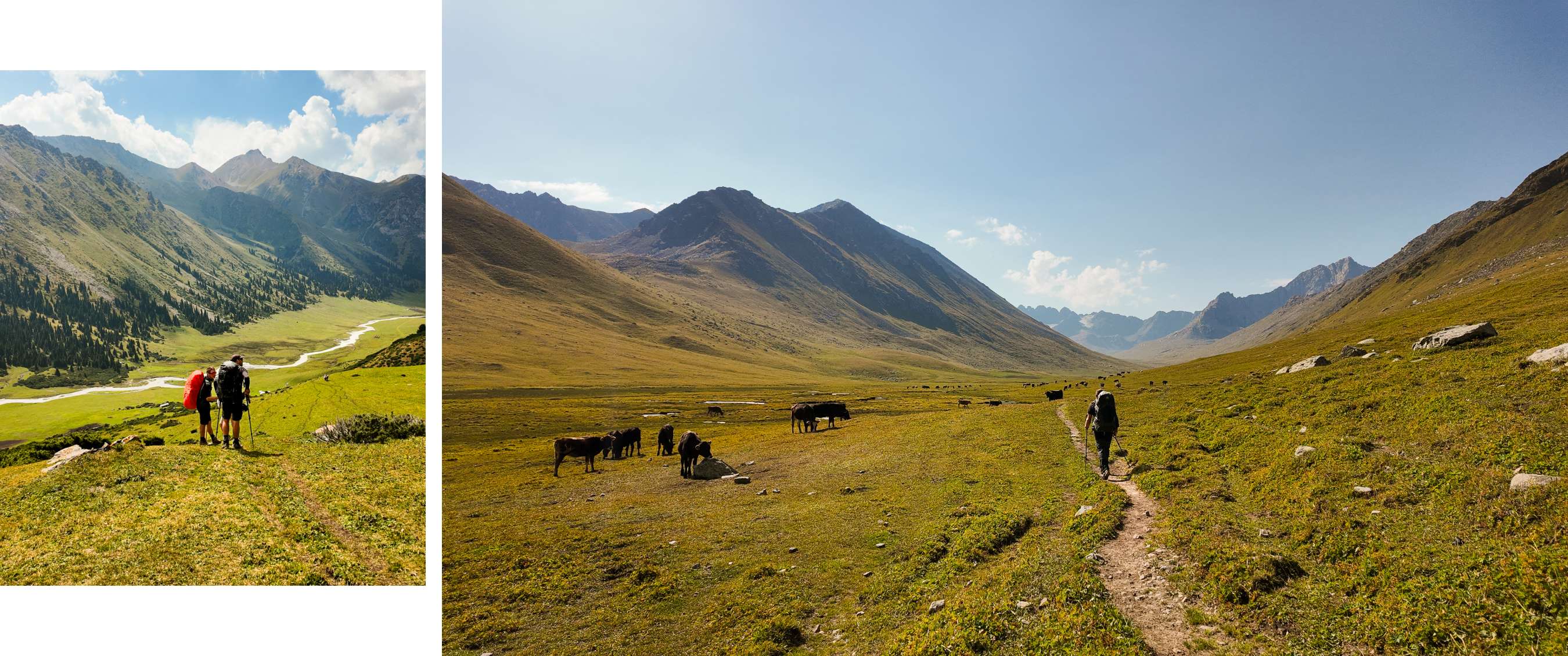 Deux images : randonneurs descendant en montagne ; yourtes blanches dans une vallée verte.