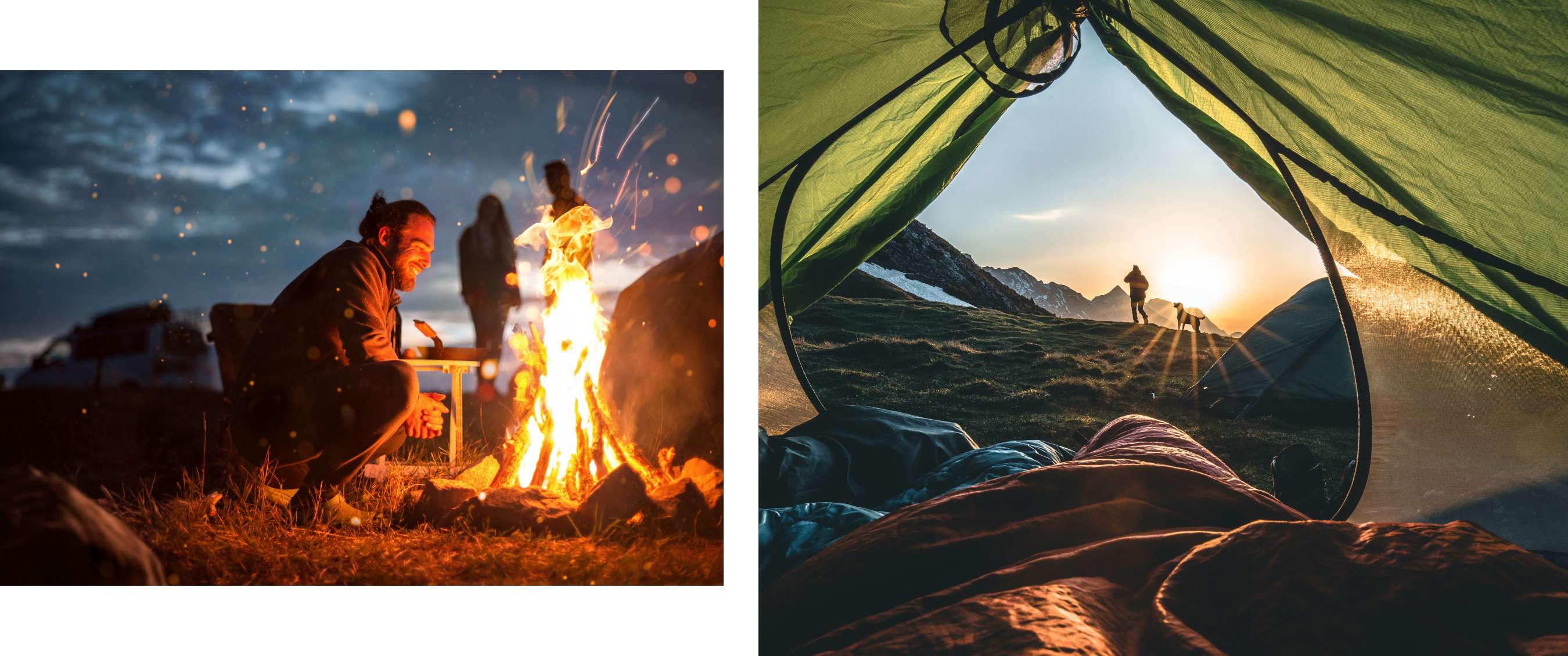 Deux images : Groupe autour d’un feu au crépuscule ; lever du soleil vu depuis une tente.