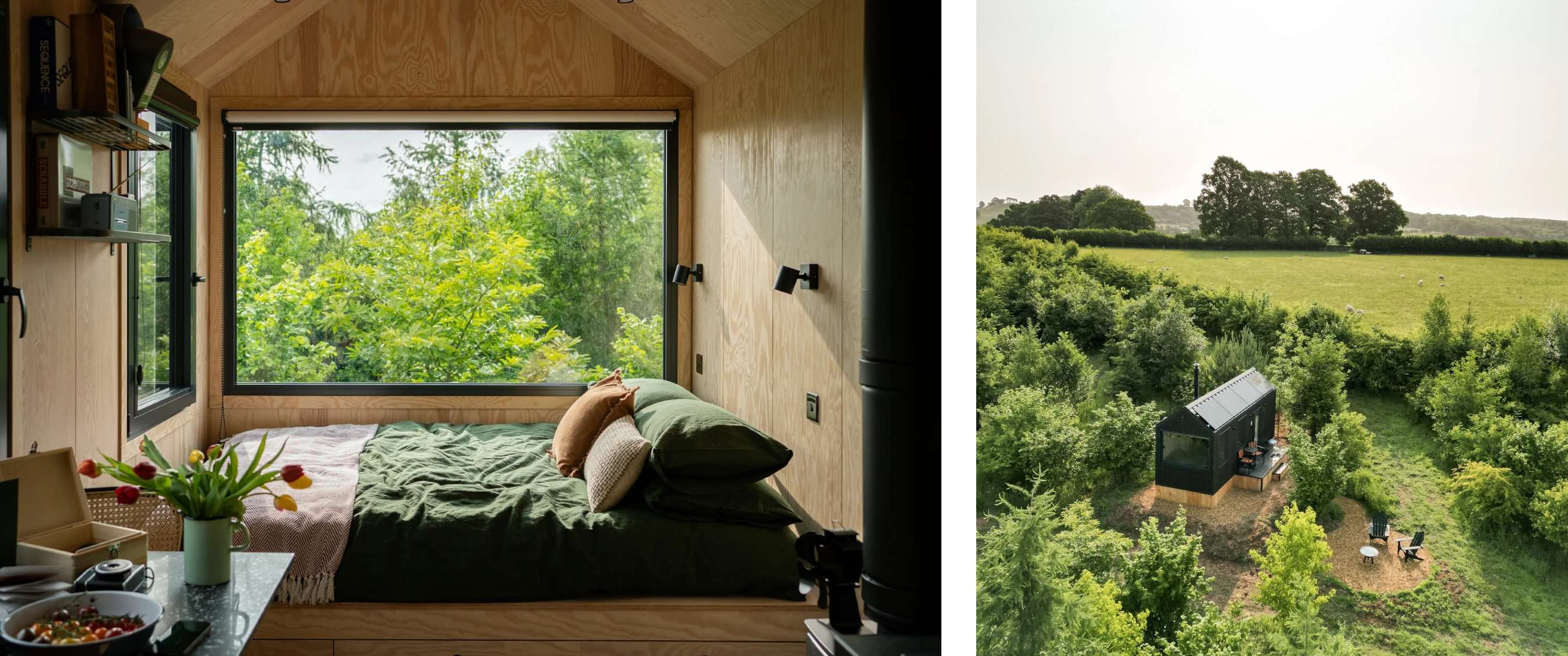 Deux images : Intérieur d’une petite cabane avec vue sur la forêt ; vue aérienne d’une maison entourée de verdure.