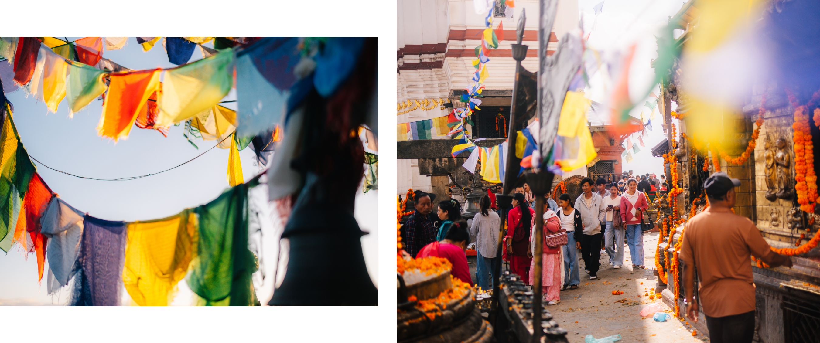 Twee beelden: Textielafval op open vuilnisbelt. Man selecteert tweedehandskleding aan rek.