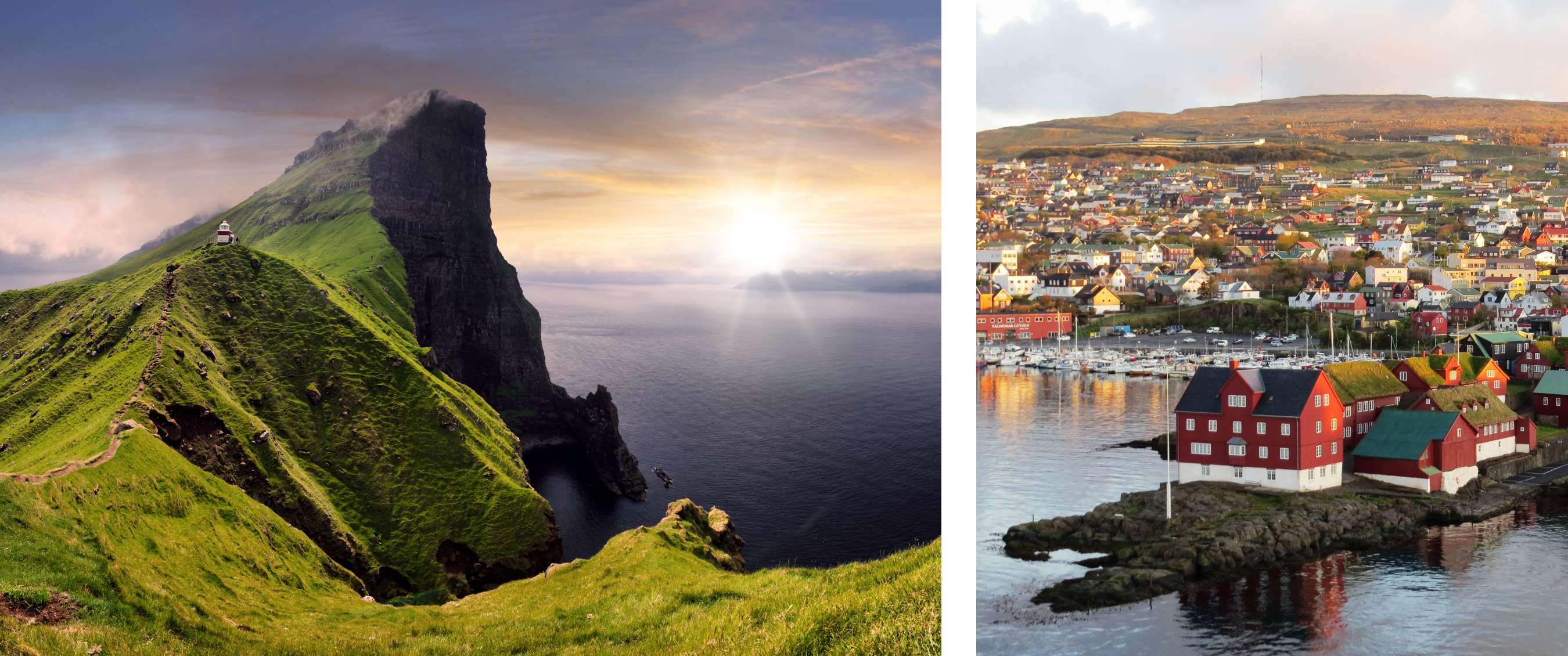 Deux images : falaise verte abrupte au bord de la mer avec petit phare blanc ; village côtier coloré avec port.