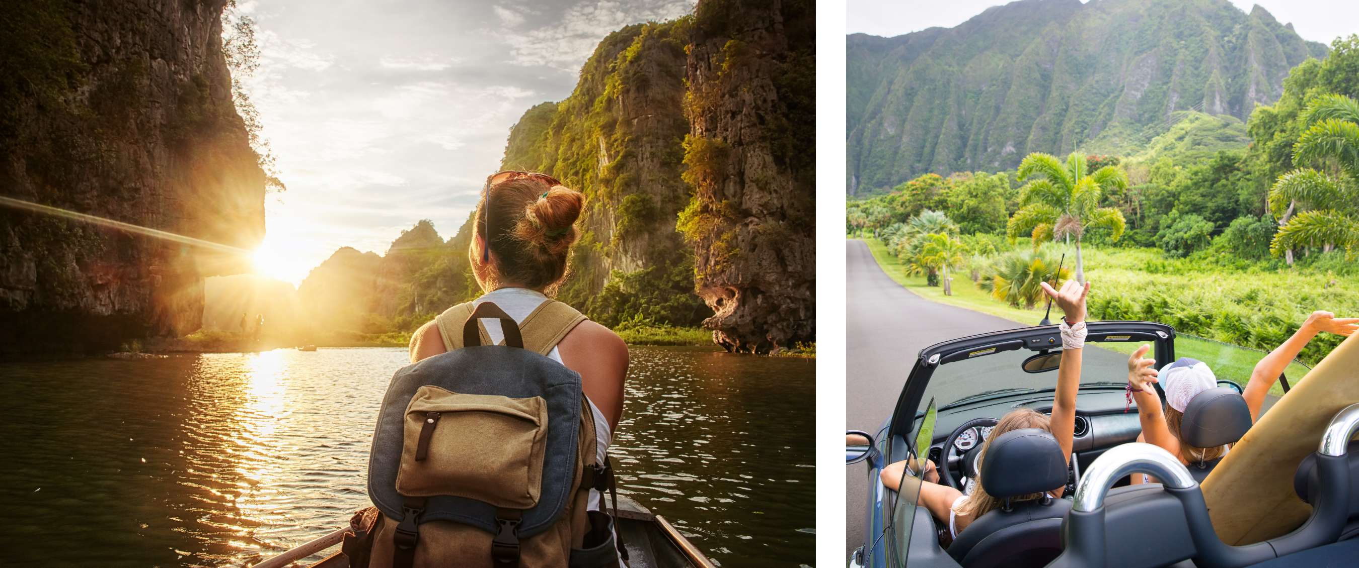 Deux images : voyageur avec sac à dos sur l’eau entre de hautes parois rocheuses ; cabriolet avec deux occupants roulant dans une région tropicale montagneuse