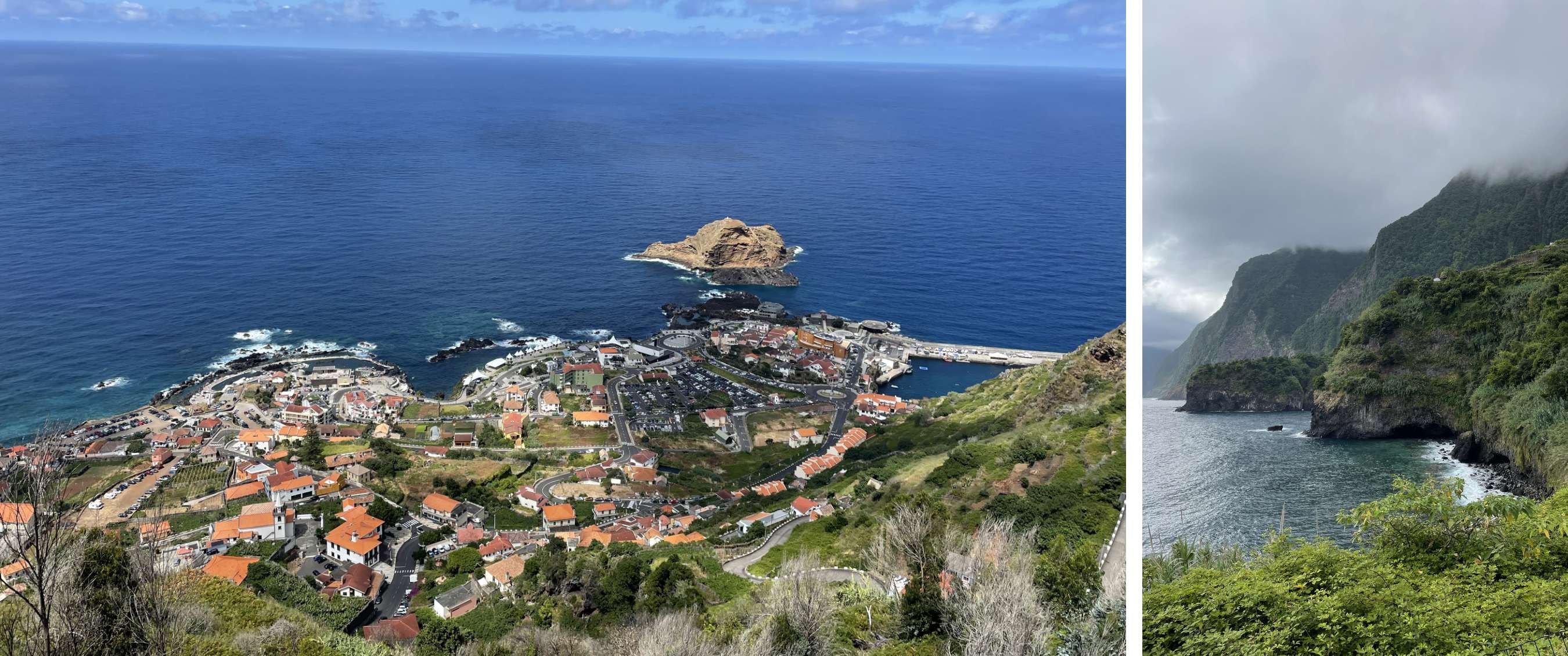 Deux images : village côtier au bord de la mer bleue ; falaises vertes sous un ciel nuageux