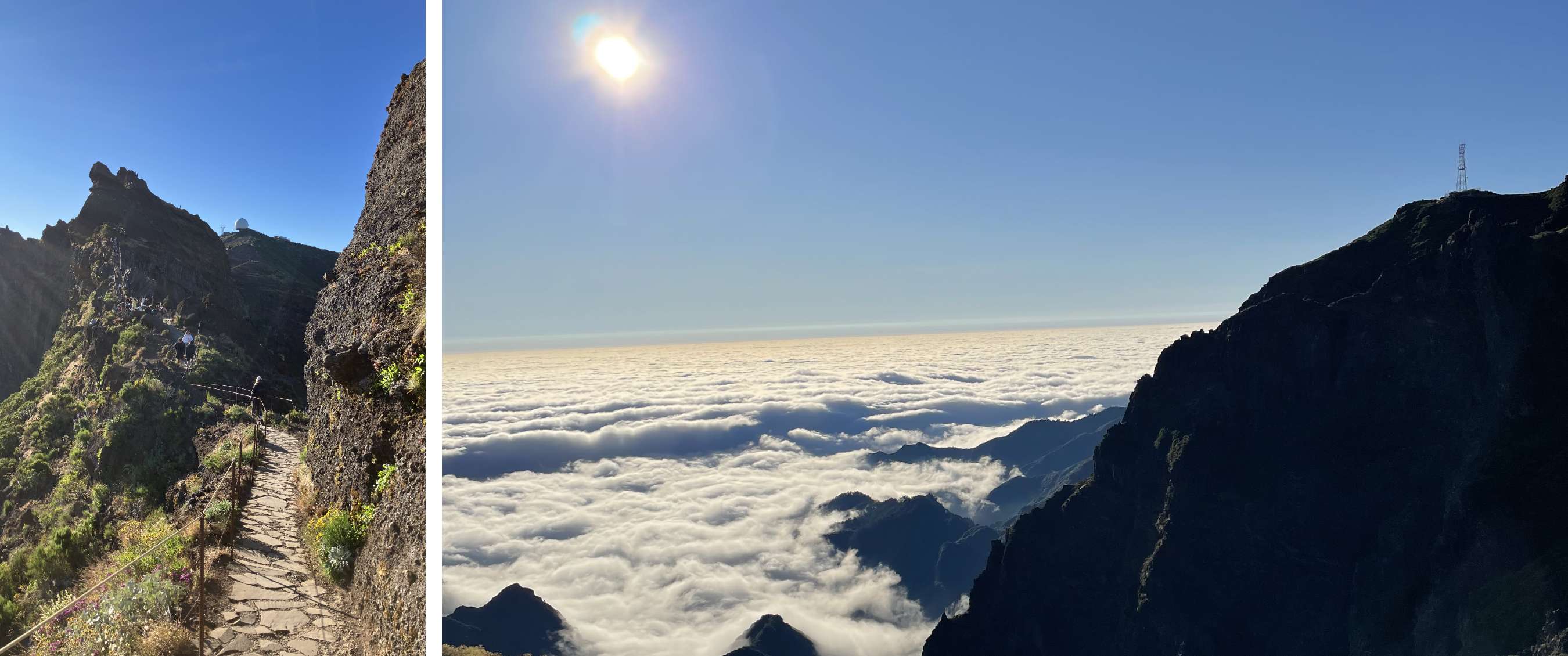 Deux images : chemin de montagne avec rambarde ; vue sur une couche de nuages entre hautes montagnes
