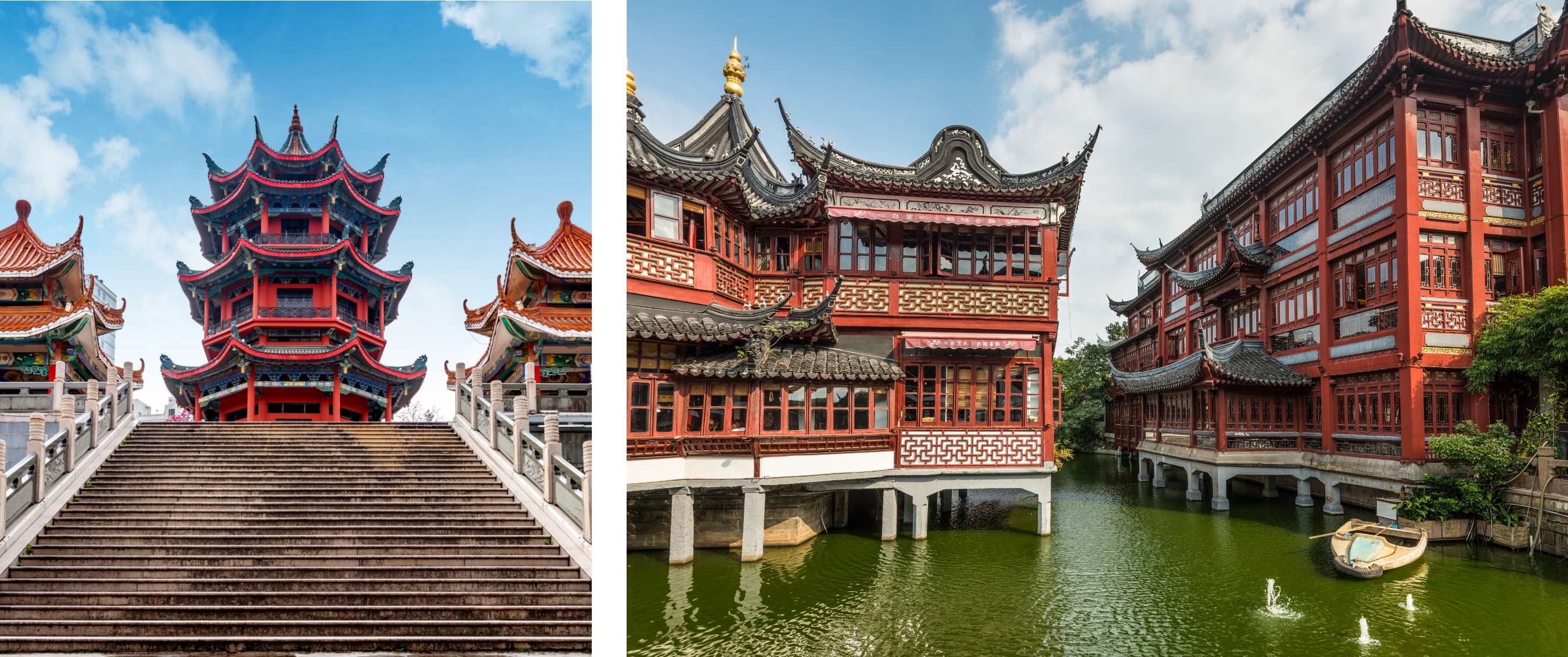 Deux images : Temple chinois traditionnel avec large escalier en pierre et toit à plusieurs niveaux ; bâtiments chinois rouges sur pilotis le long d’un canal.