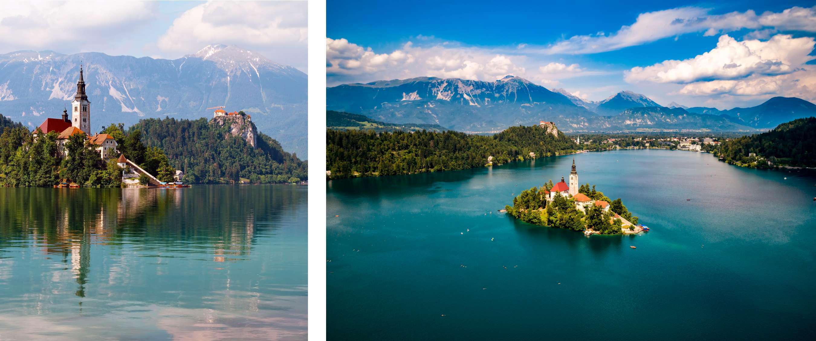 Deux images : église sur un petit îlot dans un lac bleu-vert entouré de montagnes ; vue aérienne de l’îlot avec église et rives boisées.