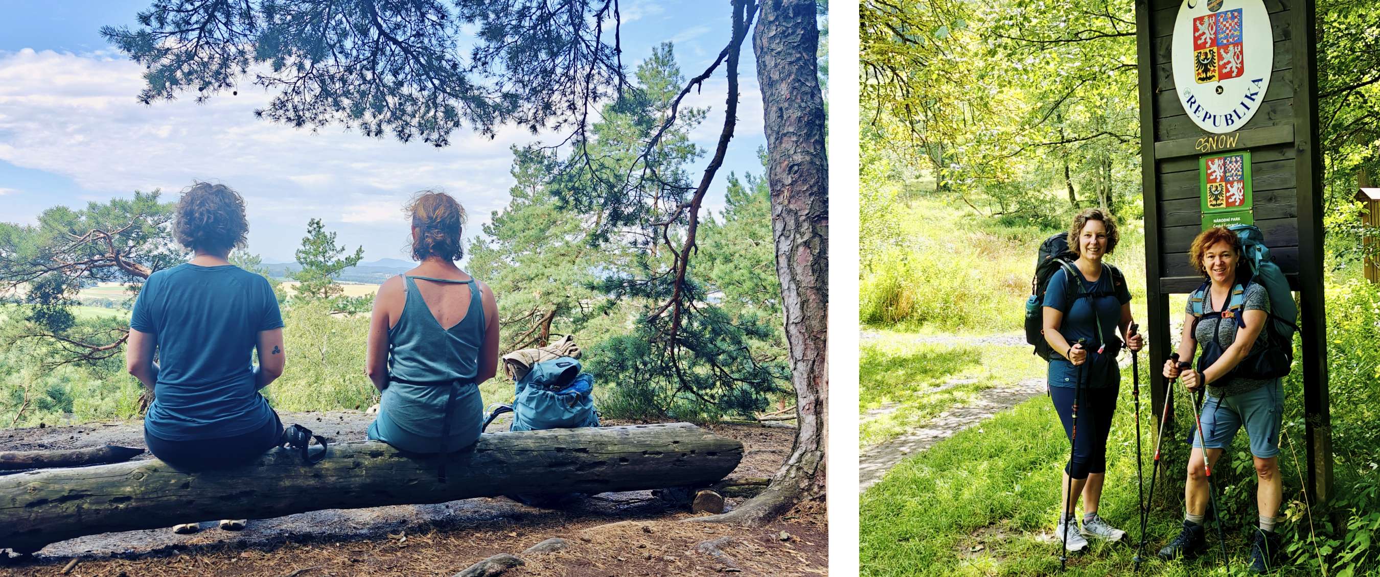 Deux images : deux randonneuses sont assises sur un tronc avec vue sur la forêt ; deux randonneuses se tiennent près d’un panneau frontière.