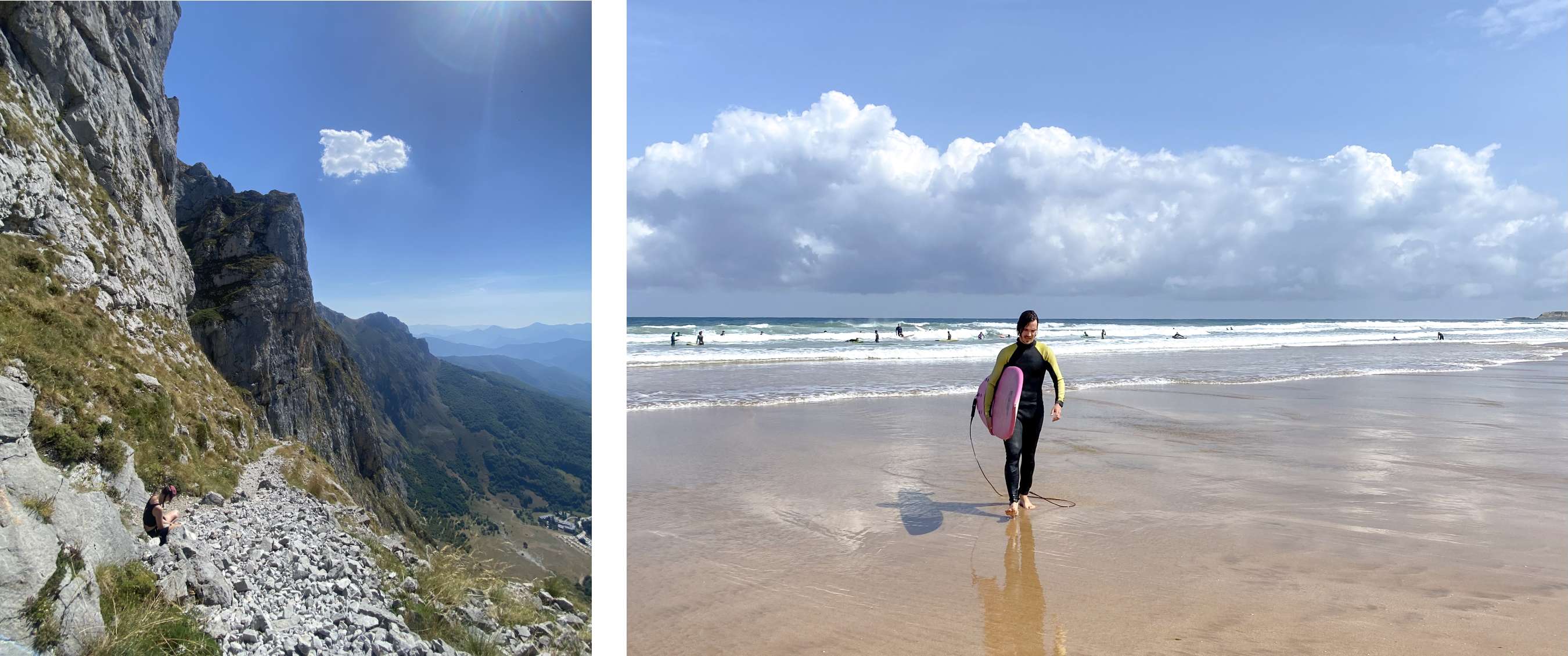 Deux images : chemin rocheux en montagne contre une falaise avec panorama ; surfeur en combinaison marchant avec une planche près des vagues.