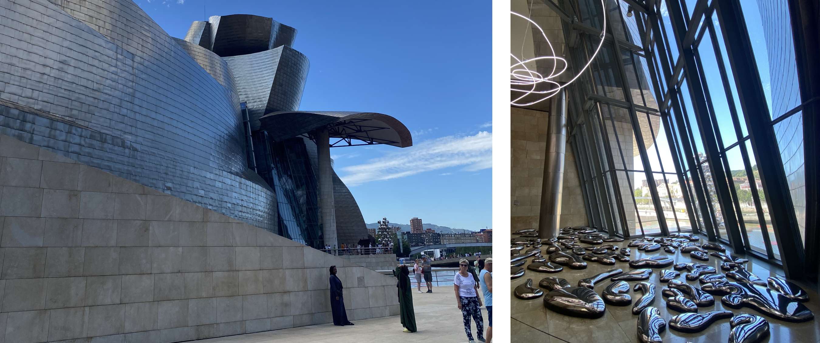 Deux images : bâtiment de musée moderne à façade métallique courbe au bord de l’eau ; intérieur de musée avec grandes baies vitrées et sculptures brillantes au sol.
