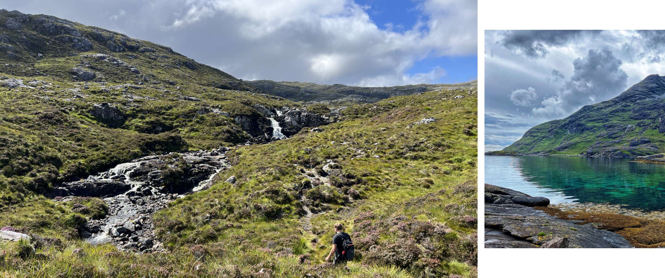 Un randonneur avec sac à dos traverse un paysage rocheux avec de petites cascades.