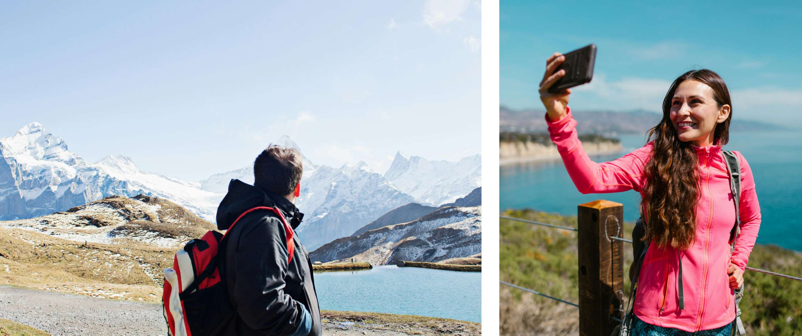 Deux images : randonneur avec sac à dos regardant un lac de montagne et des sommets enneigés ; personne en veste outdoor prenant un selfie avec la mer et la côte en arrière-plan.